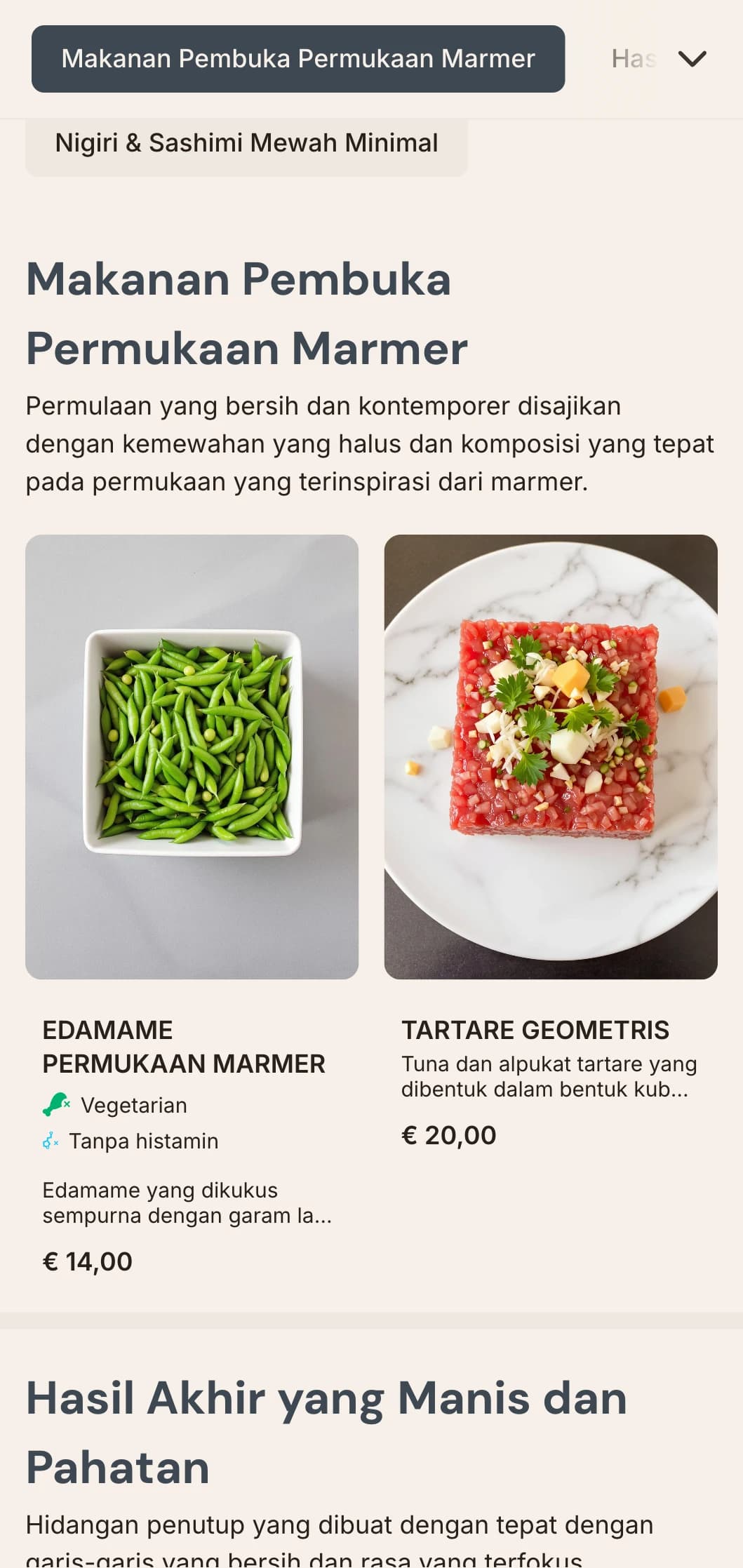 Menu sushi kontemporer yang mewah dengan tekstur marmer yang halus dan desain minimalis yang bersih.