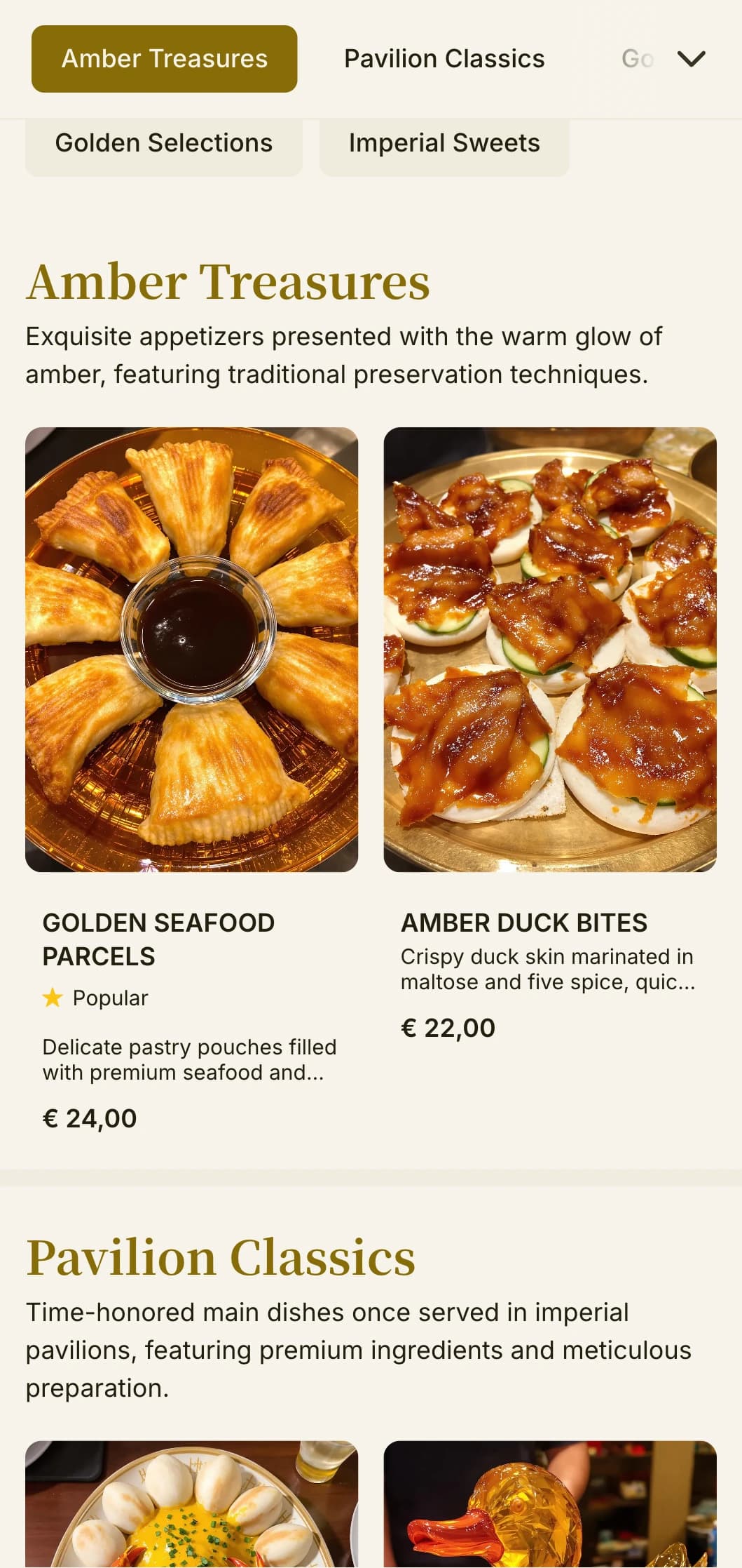 Elegant Chinese menu design with amber accents and pavilion-inspired elements for upscale dining and imperial cuisine.