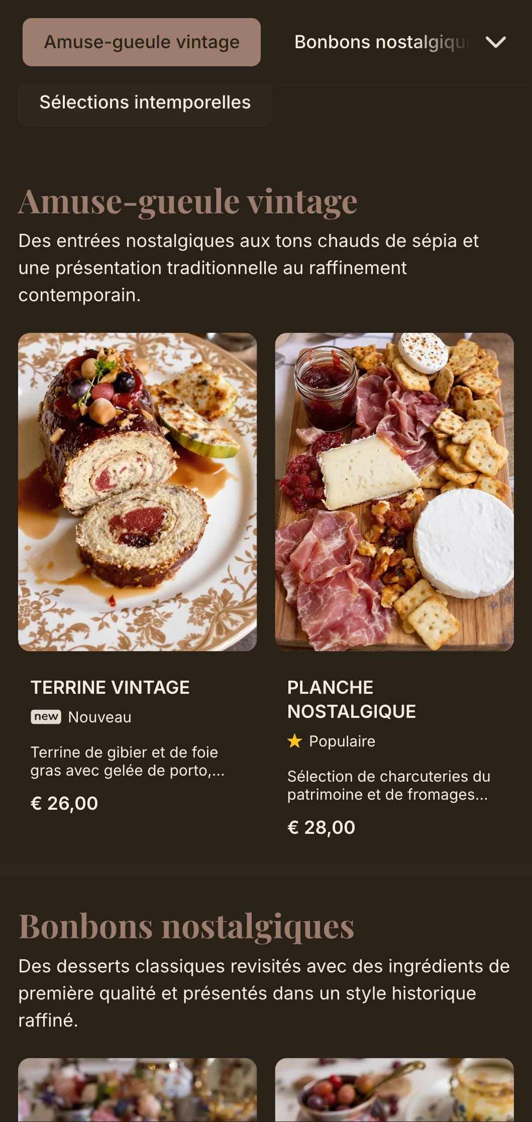 Concept nostalgique avec des tons sépia chauds et des éléments de luxe vintage pour une expérience gastronomique intemporelle.