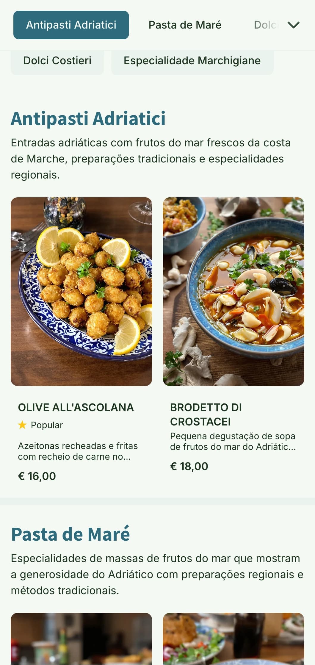 Design inspirado na costa, celebrando as tradições de frutos do mar do Adriático da região de Marche.