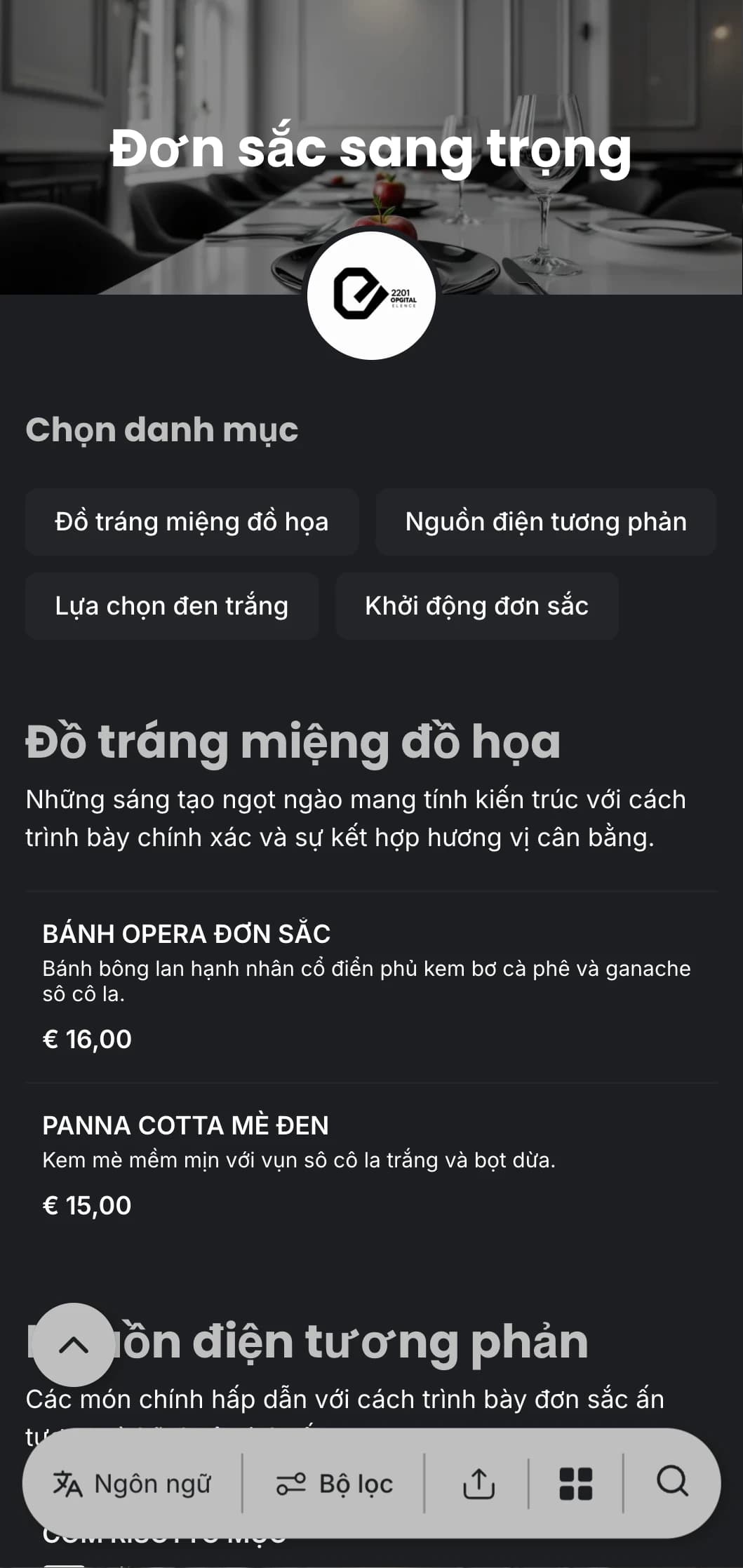 Thực đơn tối đen trắng tinh tế với kiểu chữ đậm và đường nét gọn gàng, được thiết kế cho bữa tối sang trọng hiện đại.