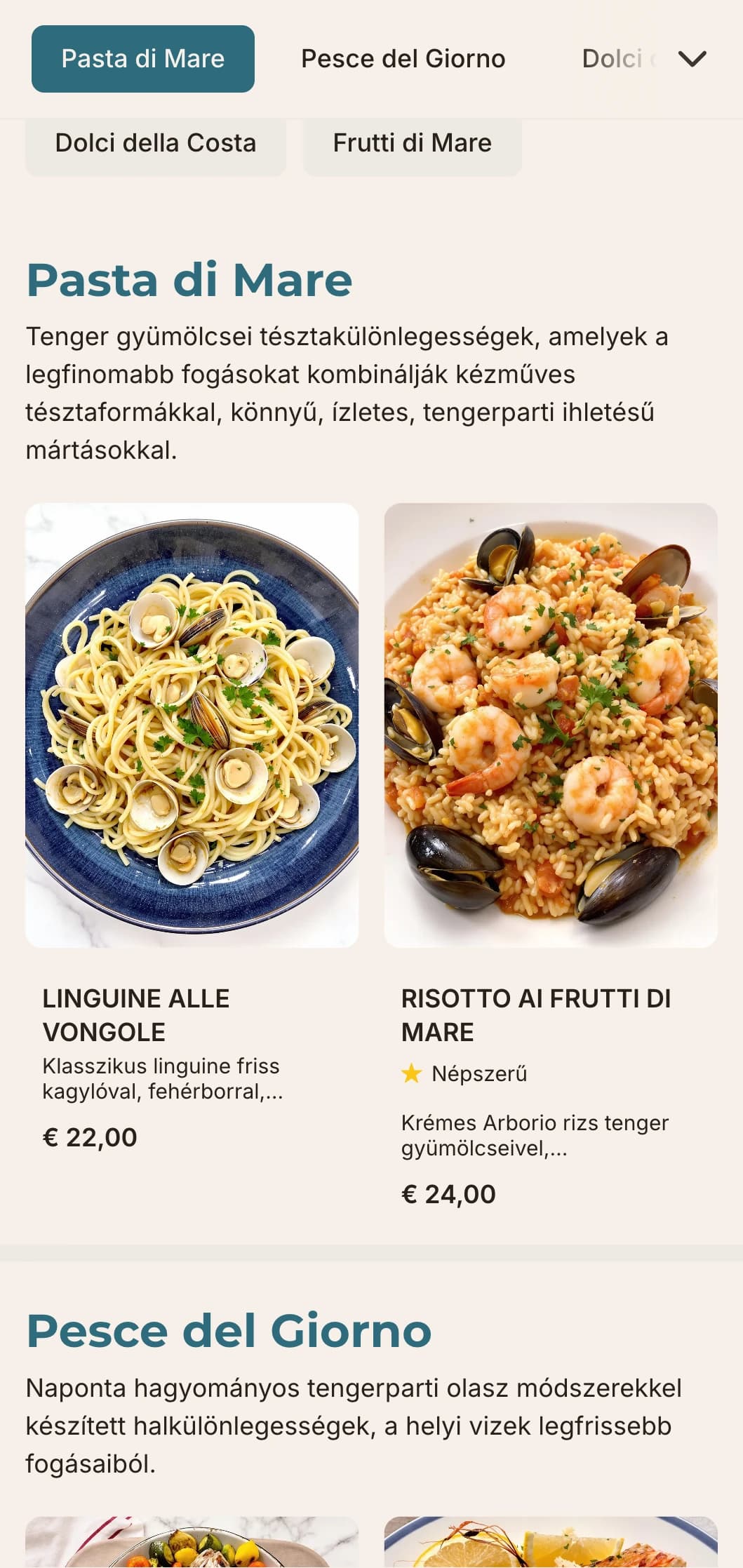 Mediterrán ihletésű design tengerparti kékekkel, tiszta tipográfiával és szellős elrendezéssel olasz tengeri éttermek számára.