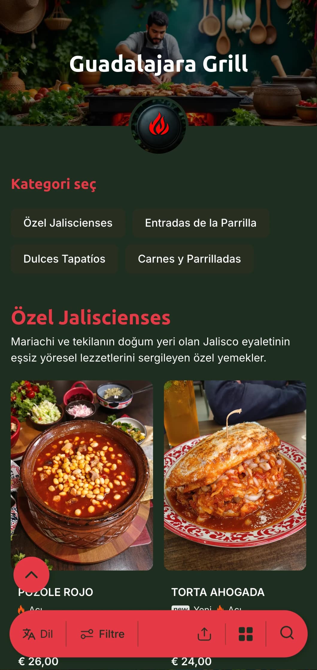 Guadalajara mutfağını kutlayan cesur ve lezzetli menüde zengin kırmızı vurgular, geleneksel kömür ızgara ürünleri ve yöresel spesiyaliteler yer alıyor.