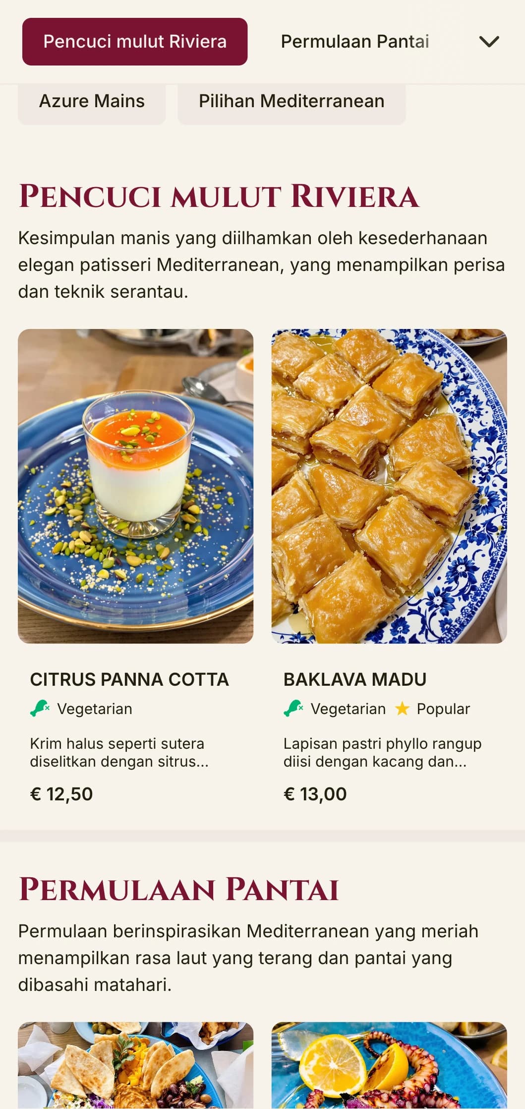 Reka bentuk menu makan tengah hari yang menarik dan berinspirasikan Mediterranean dengan aksen bersemangat dan susun atur yang elegan, sesuai untuk restoran tepi pantai mewah dan tempat makan destinasi percutian.