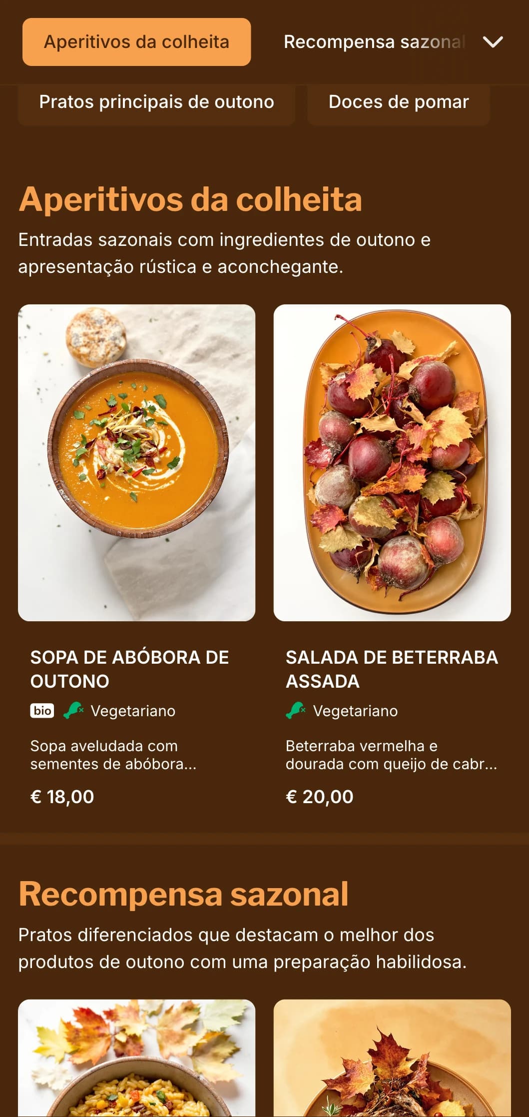 Um cardápio de jantar acolhedor, inspirado no outono, com ricos tons de âmbar, ideal para a culinária sazonal e restaurantes voltados para a colheita.