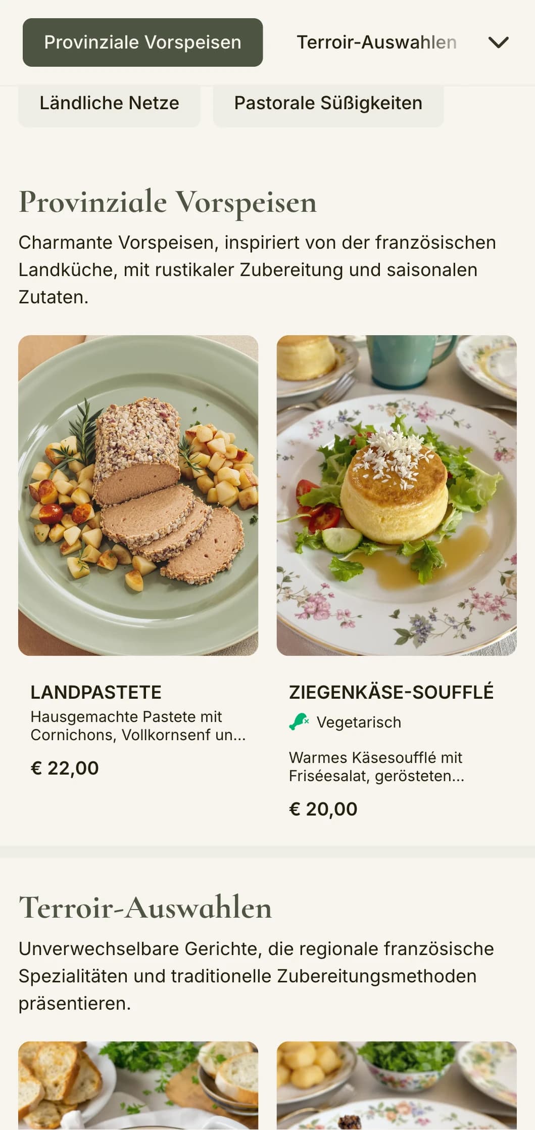 Ein charmantes, von der französischen Landschaft inspiriertes Menü mit Salbeigrüntönen und rustikaler Eleganz.