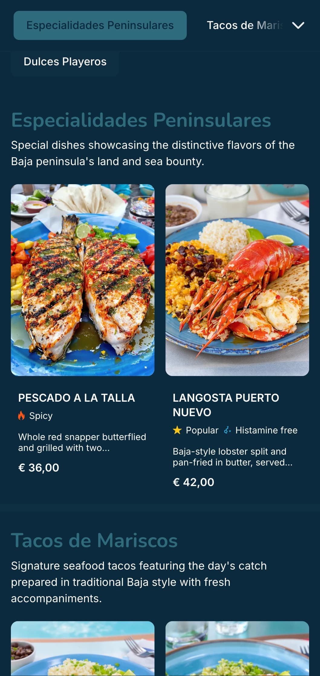 Light and refreshing Baja-inspired menu featuring seafood tacos, fresh ingredients, and coastal blue accents with a modern beach vibe.