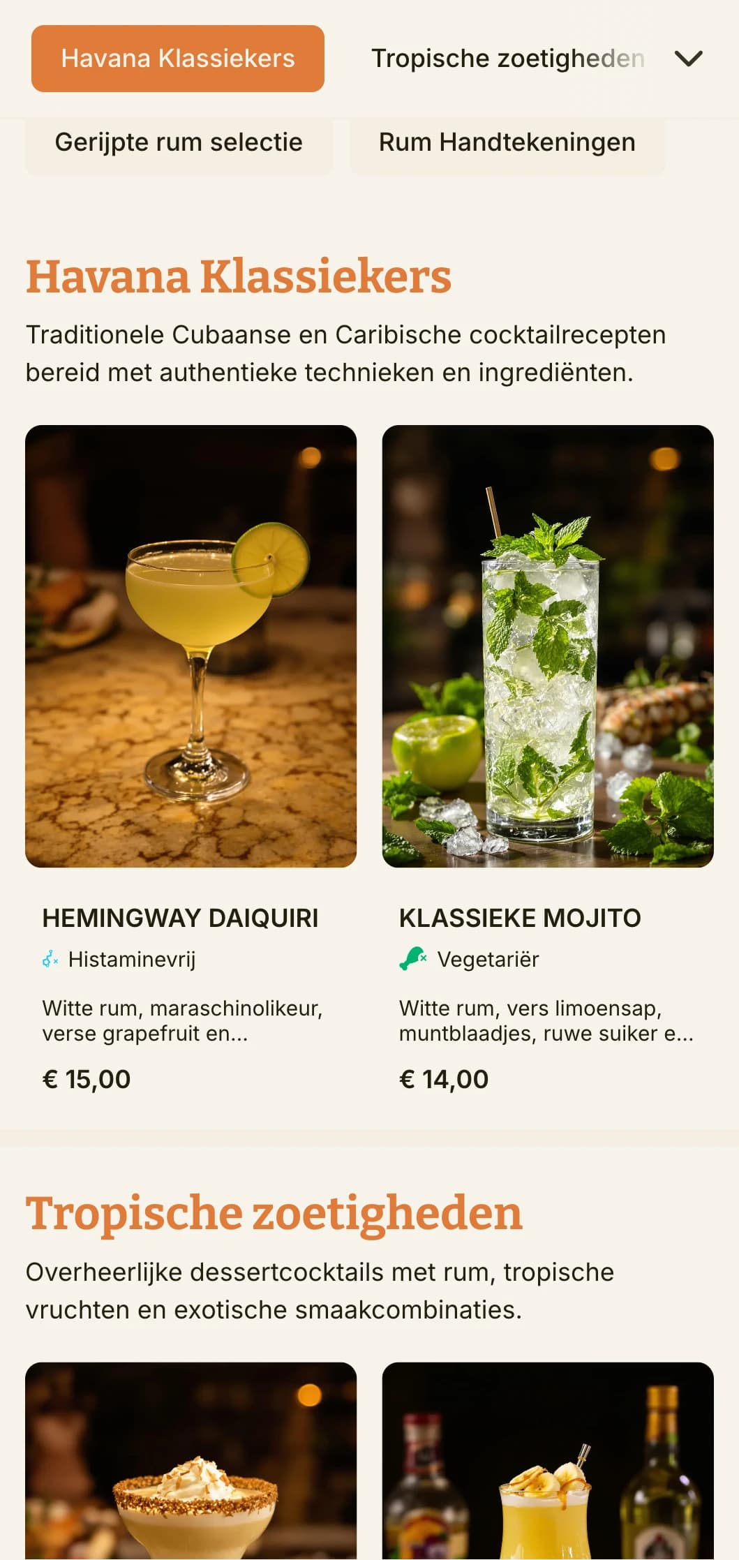 Een levendig, tropisch menu geïnspireerd op de Cubaanse cocktailcultuur, perfect voor rumbars en etablissementen met een Latijns thema.