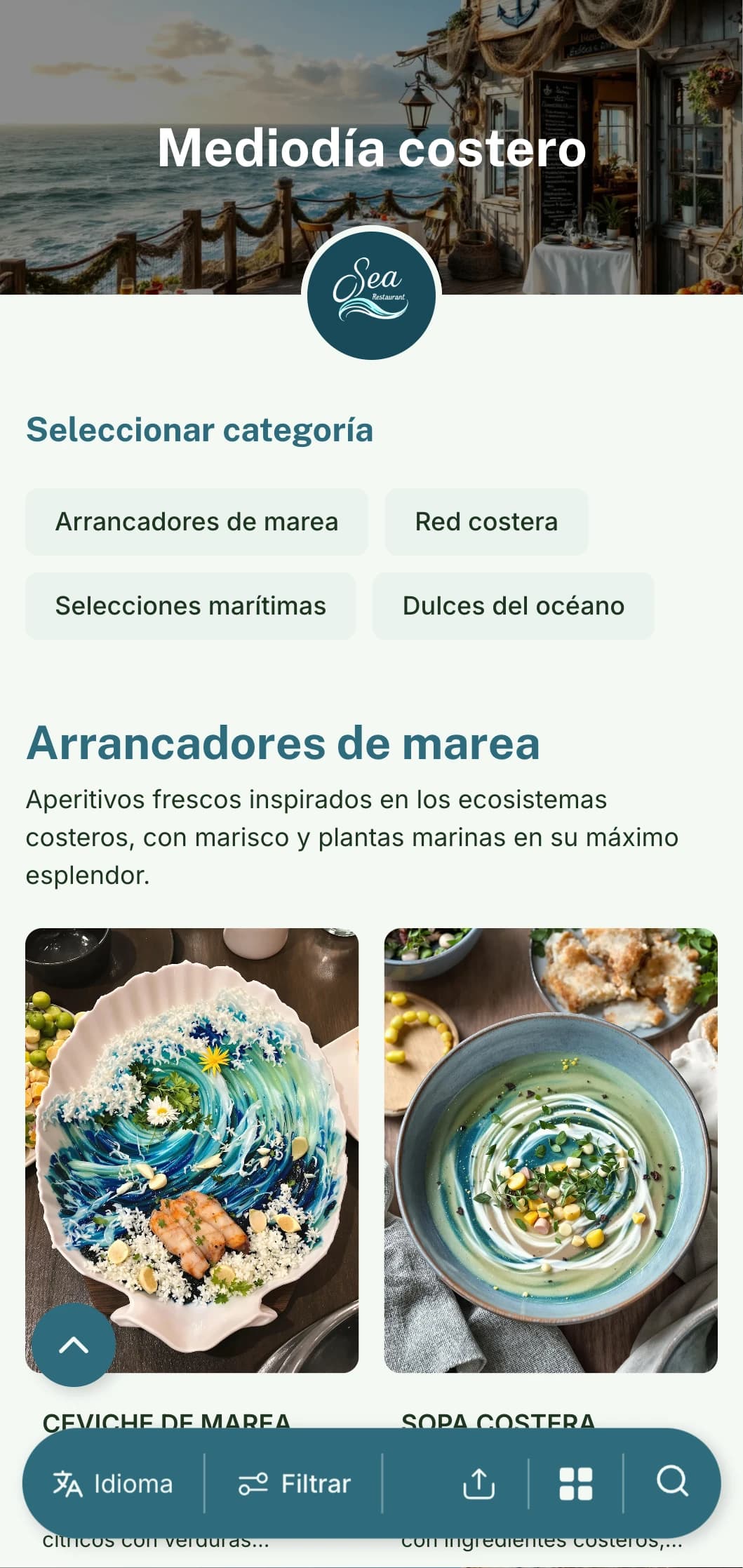Diseño de menú de almuerzo fresco, de inspiración marítima, con elementos costeros y referencias al océano, ideal para restaurantes junto al mar y frente al mar.