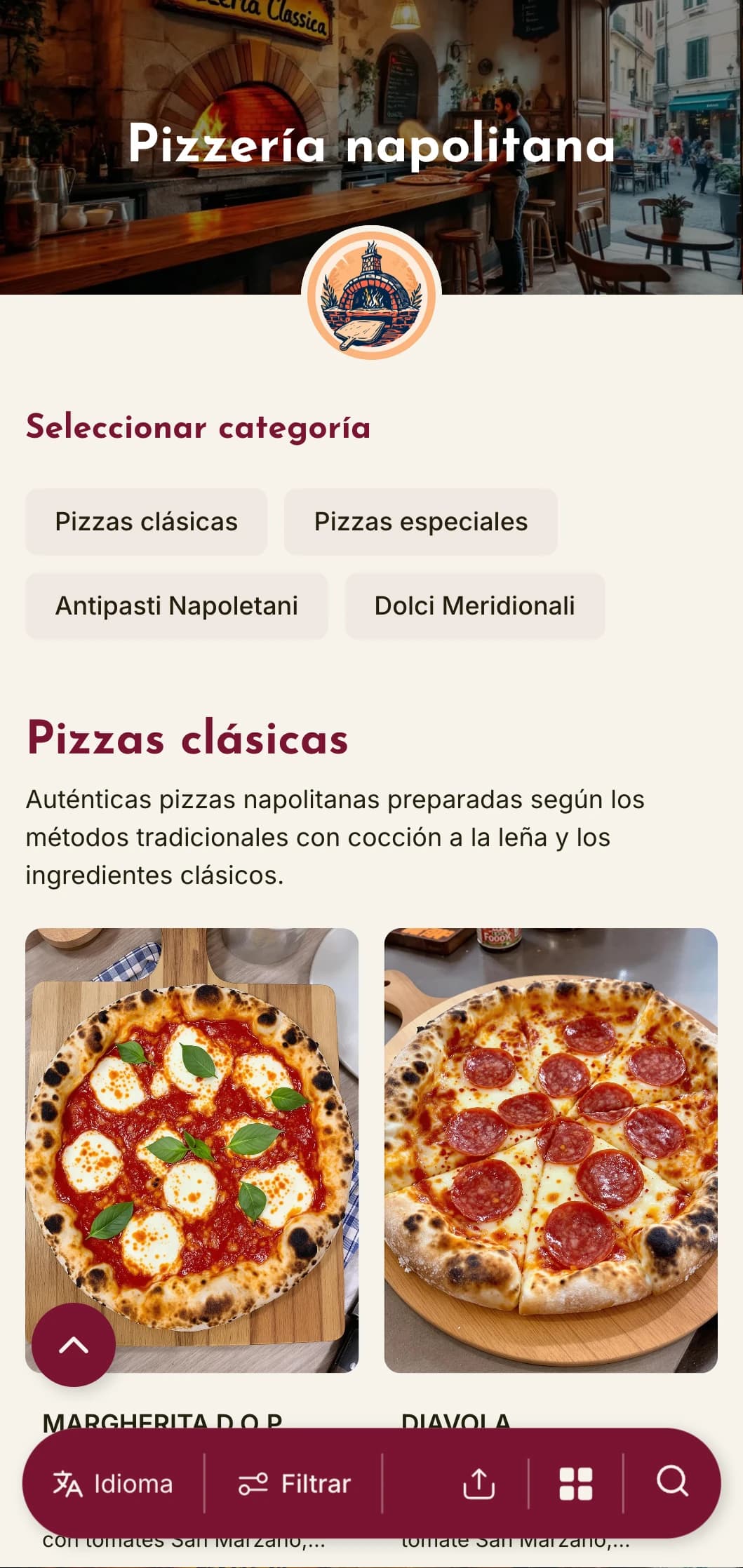 Diseño vibrante con colores cálidos y elementos rústicos que celebran la tradición pizzera de Nápoles y el estilo del sur de Italia.