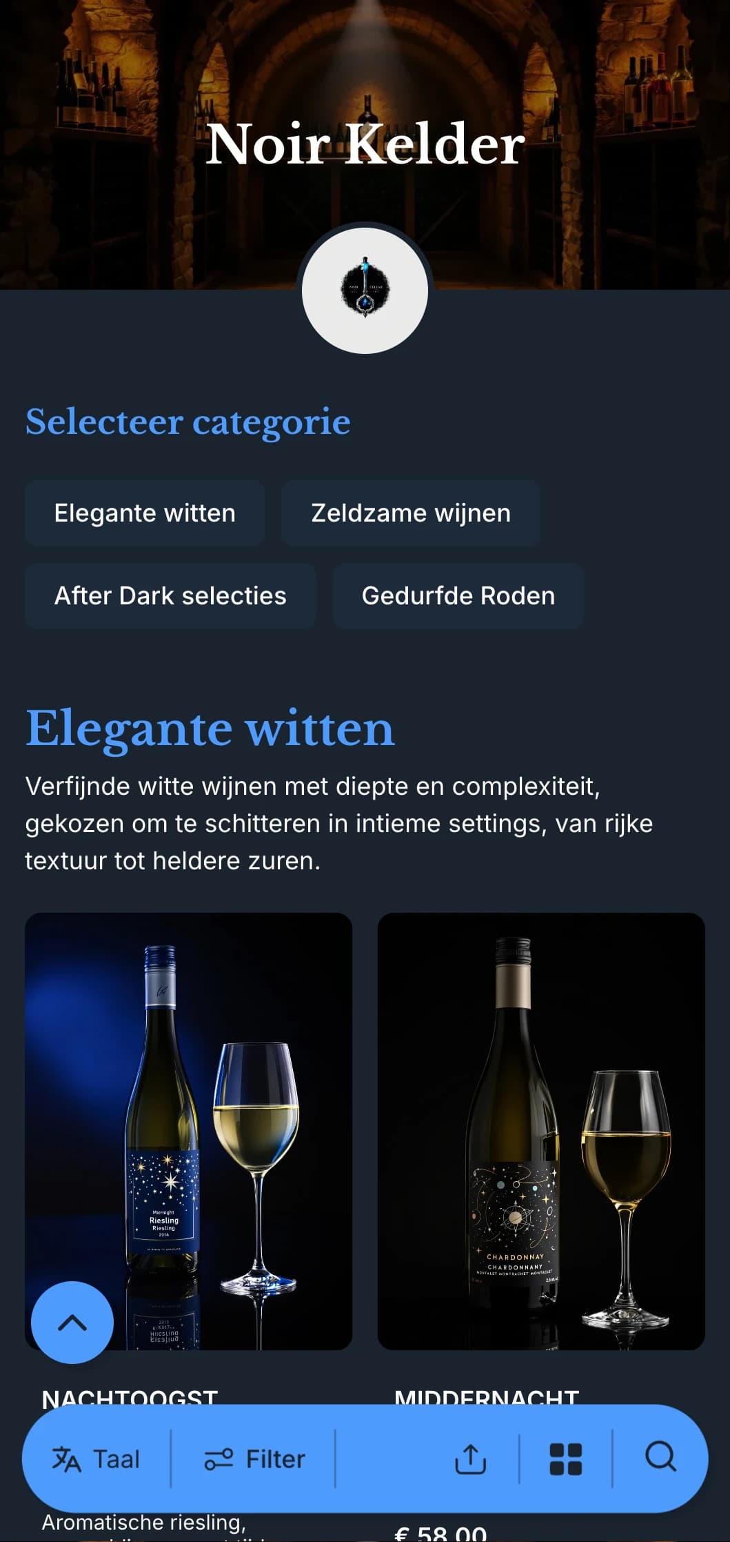 Verfijnde sjabloon voor een donkere wijnkaart met opvallende blauwe accenten tegen een diep marineblauwe achtergrond, ideaal voor intieme wijnlounges en avondlocaties.