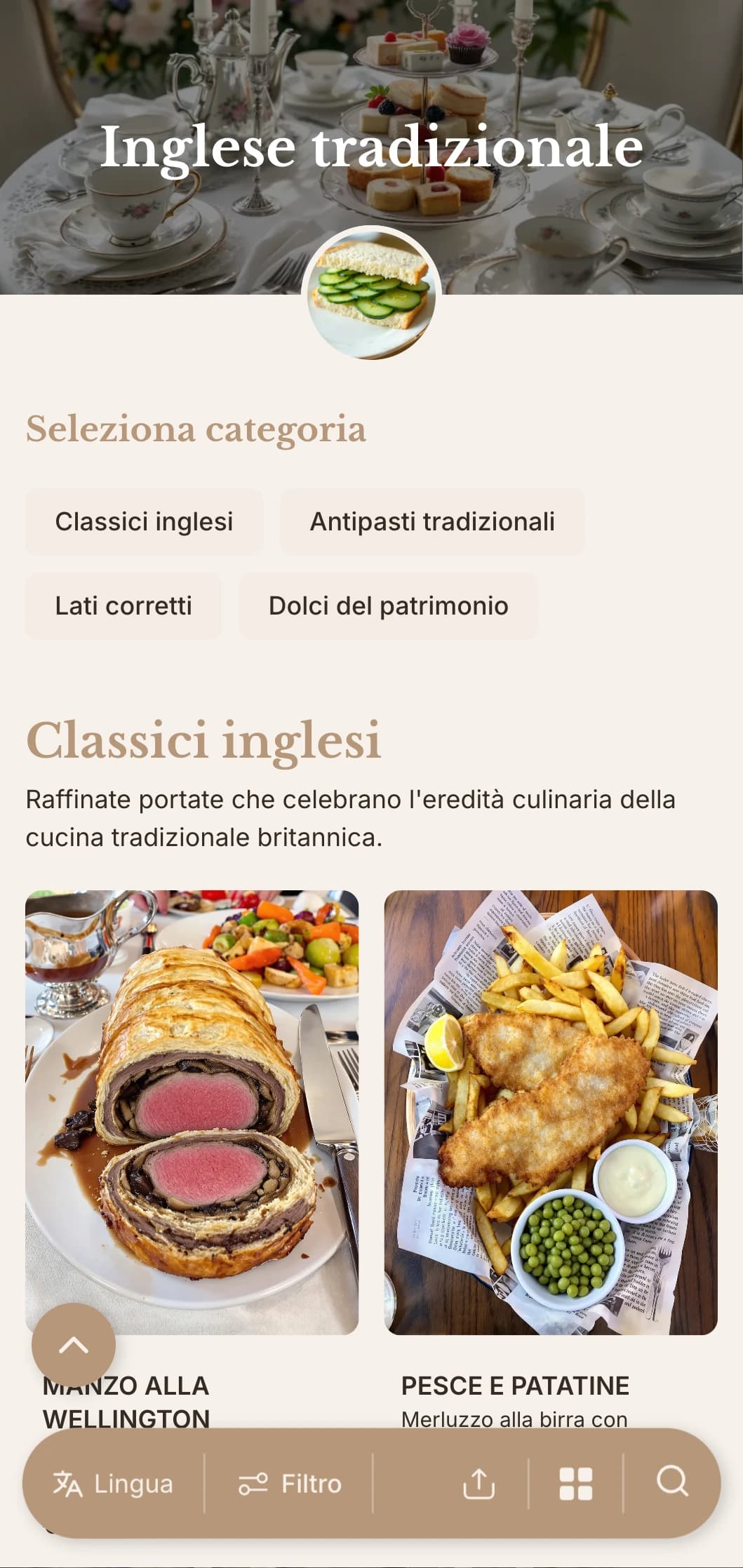 Catering classico di ispirazione britannica con ricette tradizionali, servizio adeguato e presentazione raffinata per eventi high tea e riunioni formali.