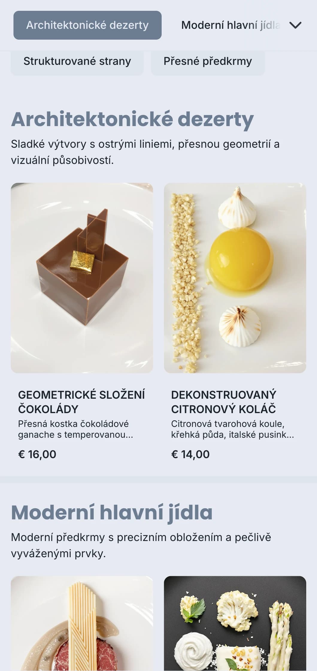 Čistý, strukturovaný cateringový design s geometrickým obložením, přesnými porcemi a monochromatickými barvami pro moderní události.