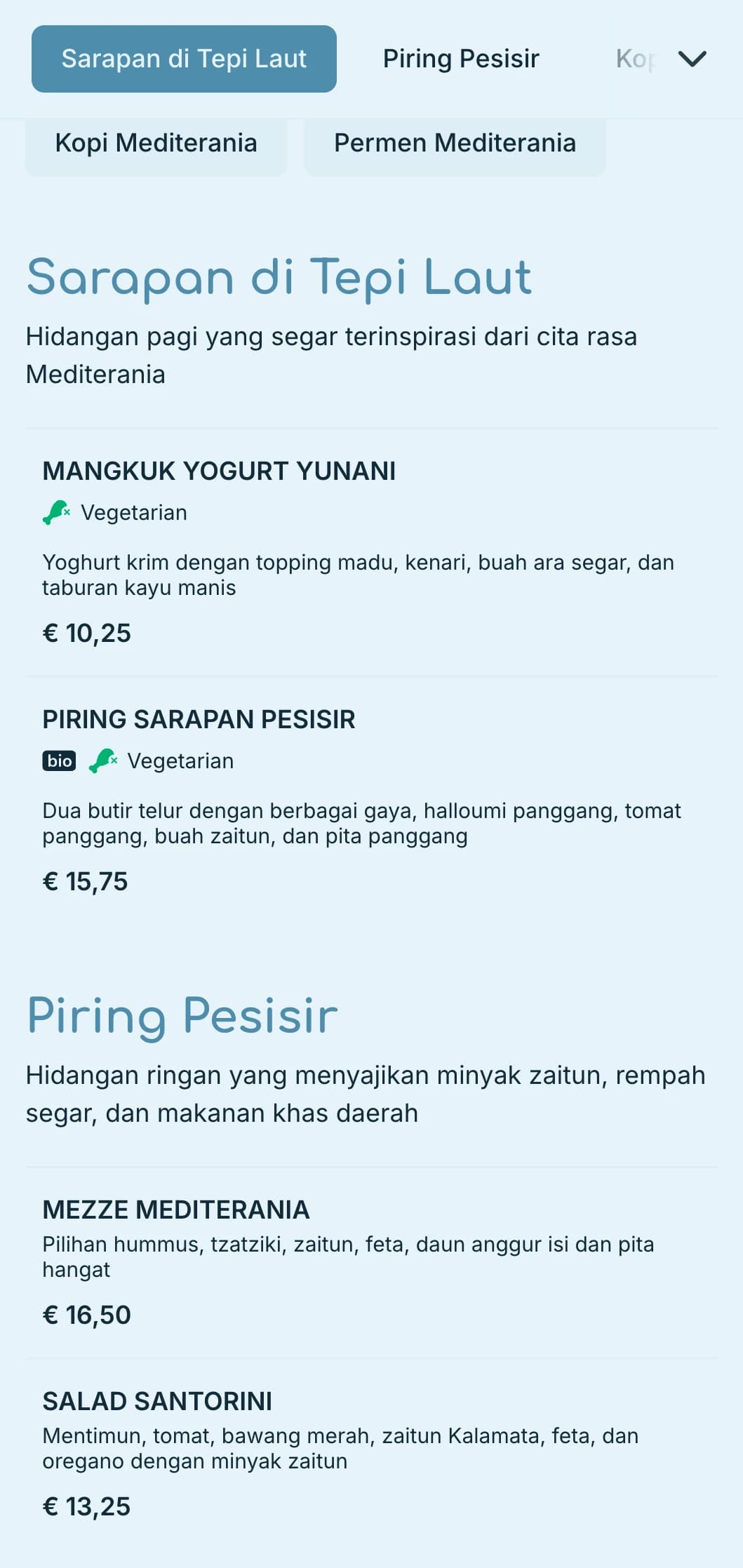 Palet biru menyegarkan yang terinspirasi dari perairan Mediterania untuk kafe dan bistro di tepi pantai.
