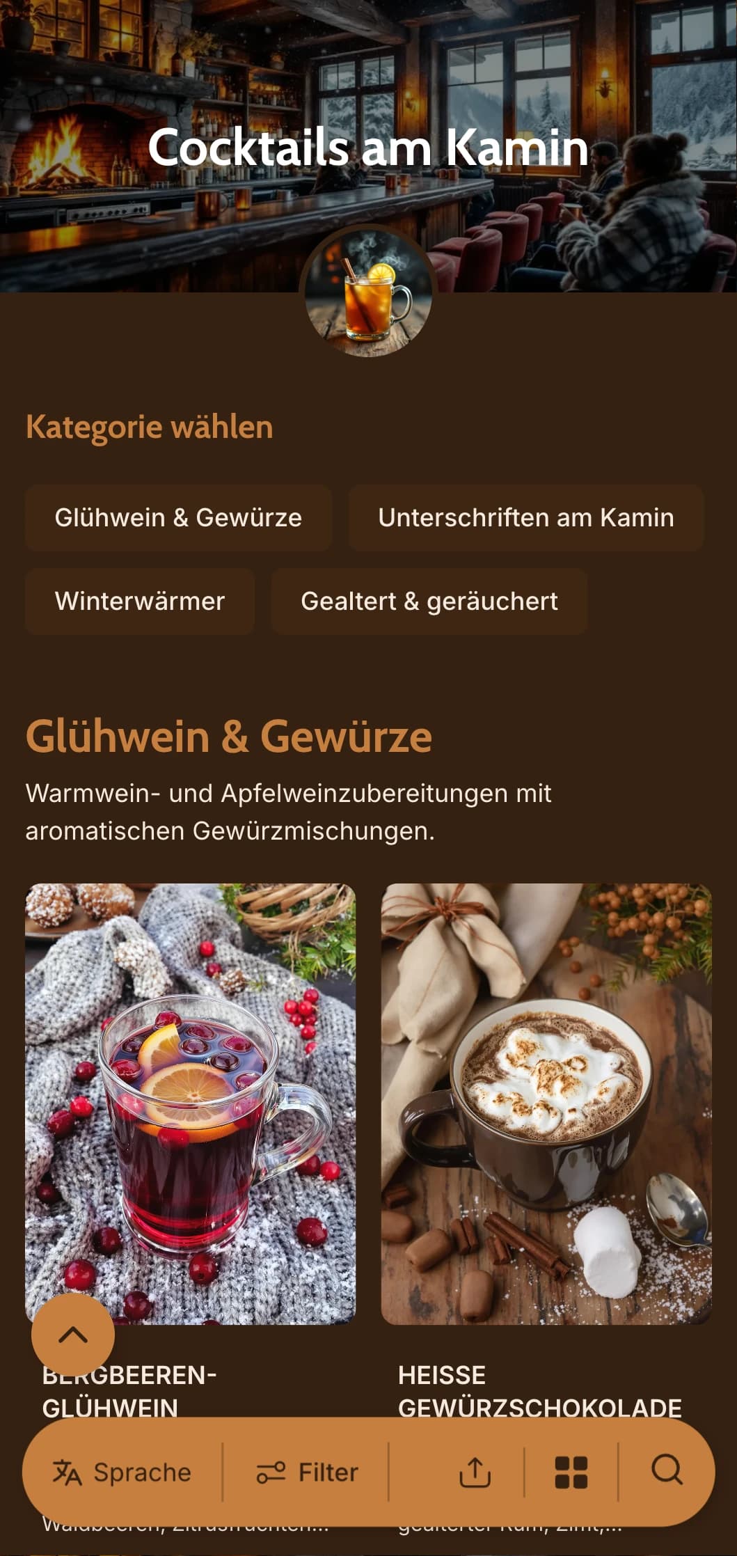 Warme Bernstein- und Kupfertöne, inspiriert vom Feuerschein, für gemütliche Winterbars.