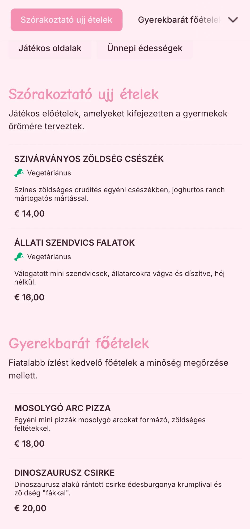 Vidám, színes, kifejezetten gyermekrendezvényekre tervezett catering, játékos prezentációval, gyerekbarát lehetőségekkel és interaktív ételállomásokkal.