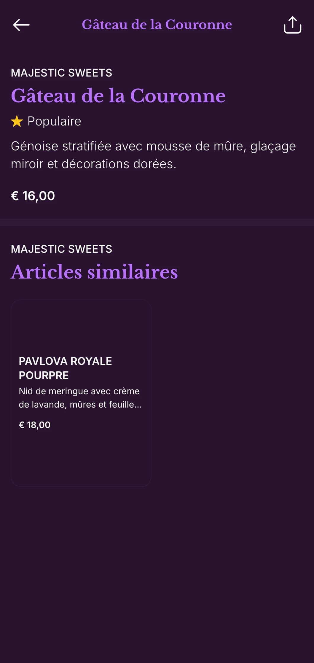 Un menu royal pourpre et or avec des éléments de conception classique, parfait pour les établissements au charme ancien.