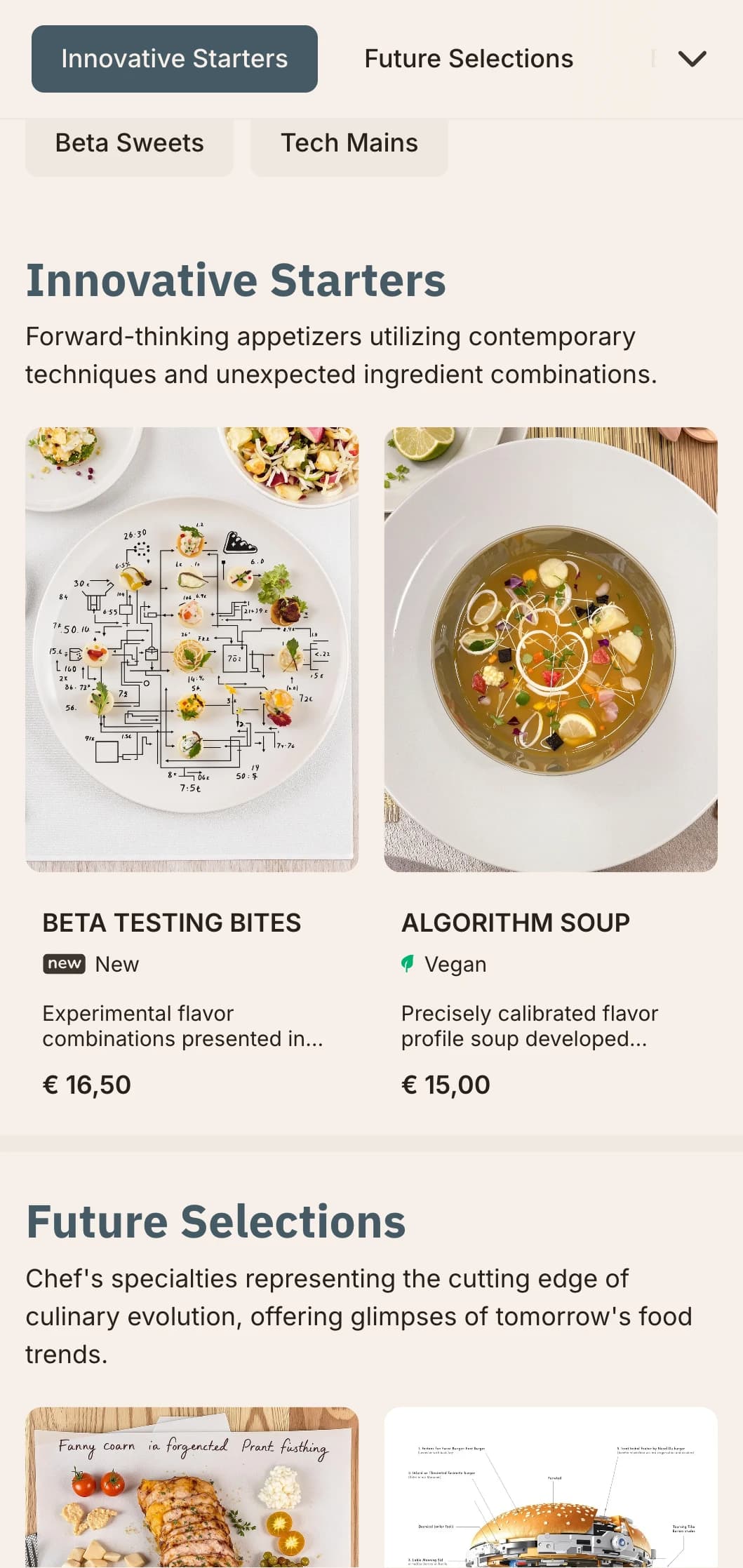 Innovative, technology-inspired lunch menu design with digital elements and futuristic aesthetics, perfect for restaurants in tech districts and innovation hubs.