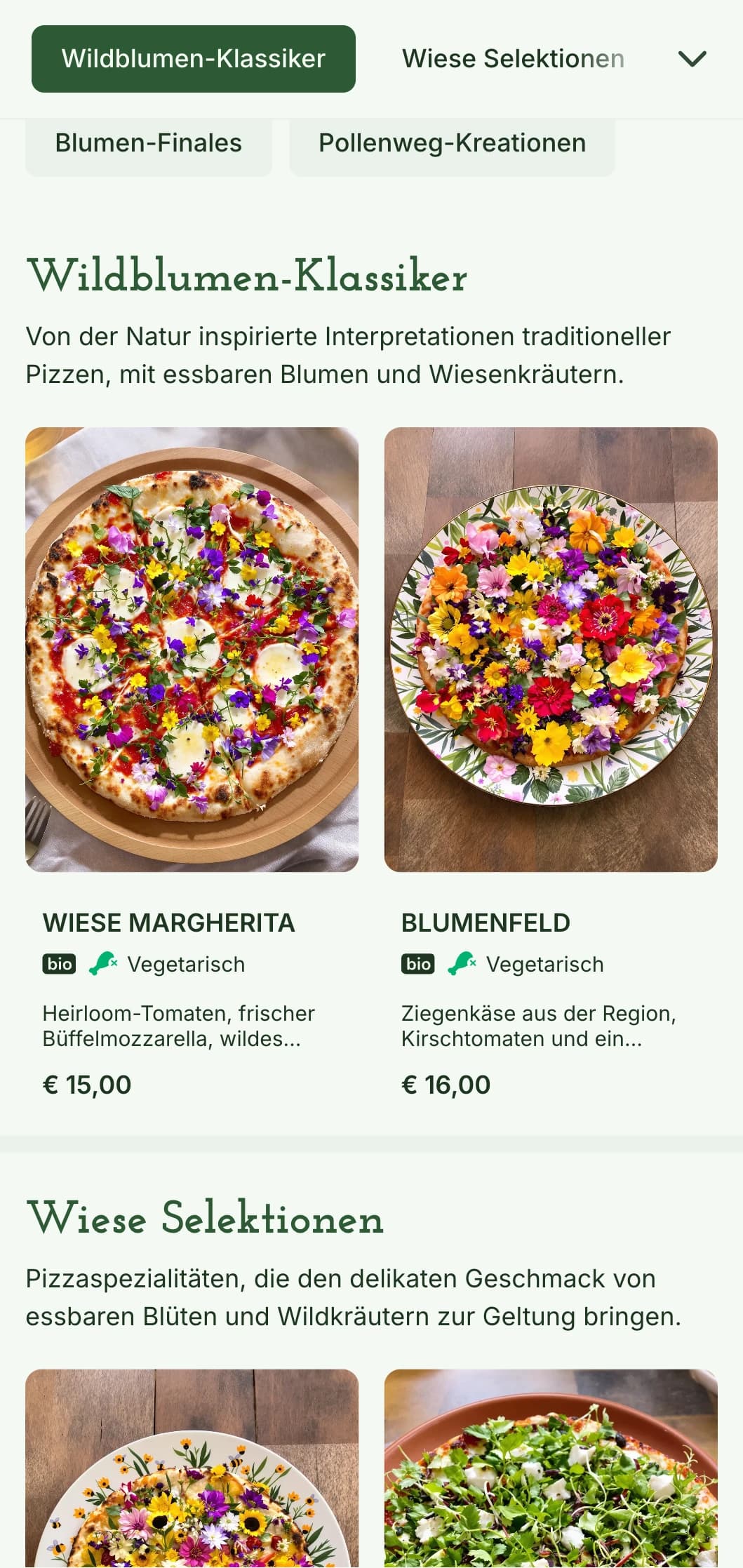 Ein von Wildblumen inspiriertes Pizzamenü, bei dem der Schwerpunkt auf lokalen Zutaten aus der Wildnis und einer natürlichen Präsentation liegt.