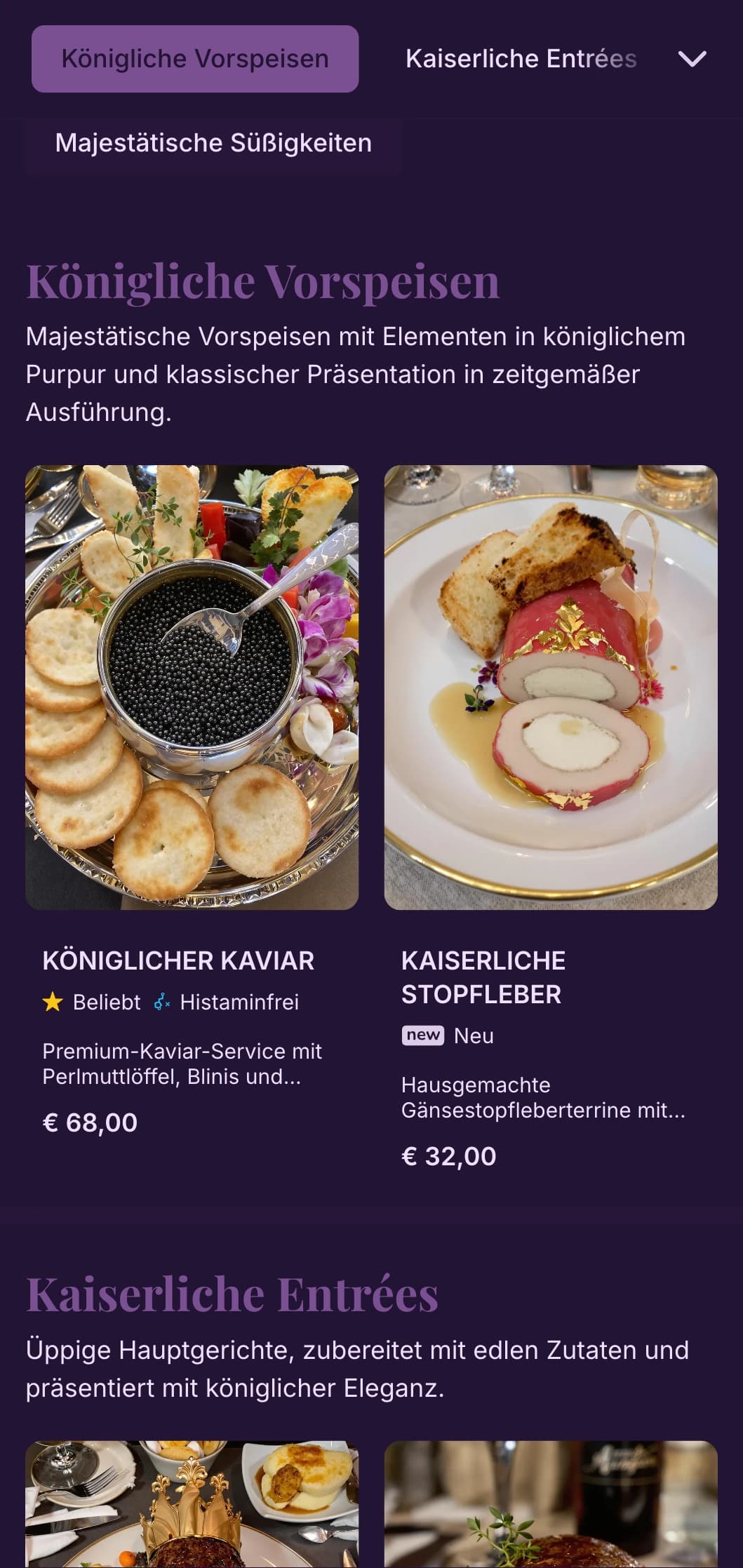 Majestätisches Speisekonzept mit königlichen Purpurtönen und modernen Luxuselementen für ein edles Erlebnis.