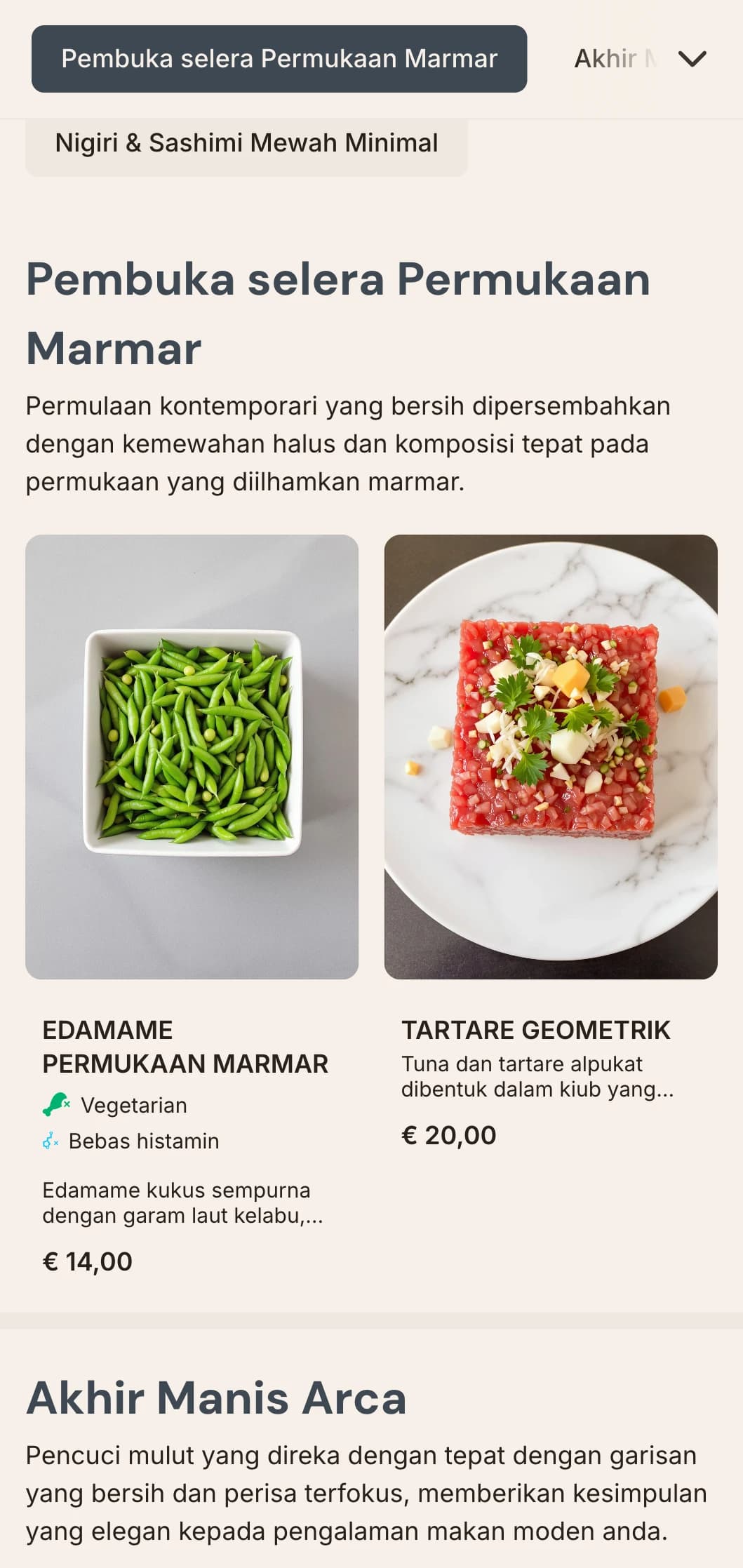 Menu sushi kontemporari yang mewah menampilkan tekstur marmar yang halus dan reka bentuk minimalis yang bersih.