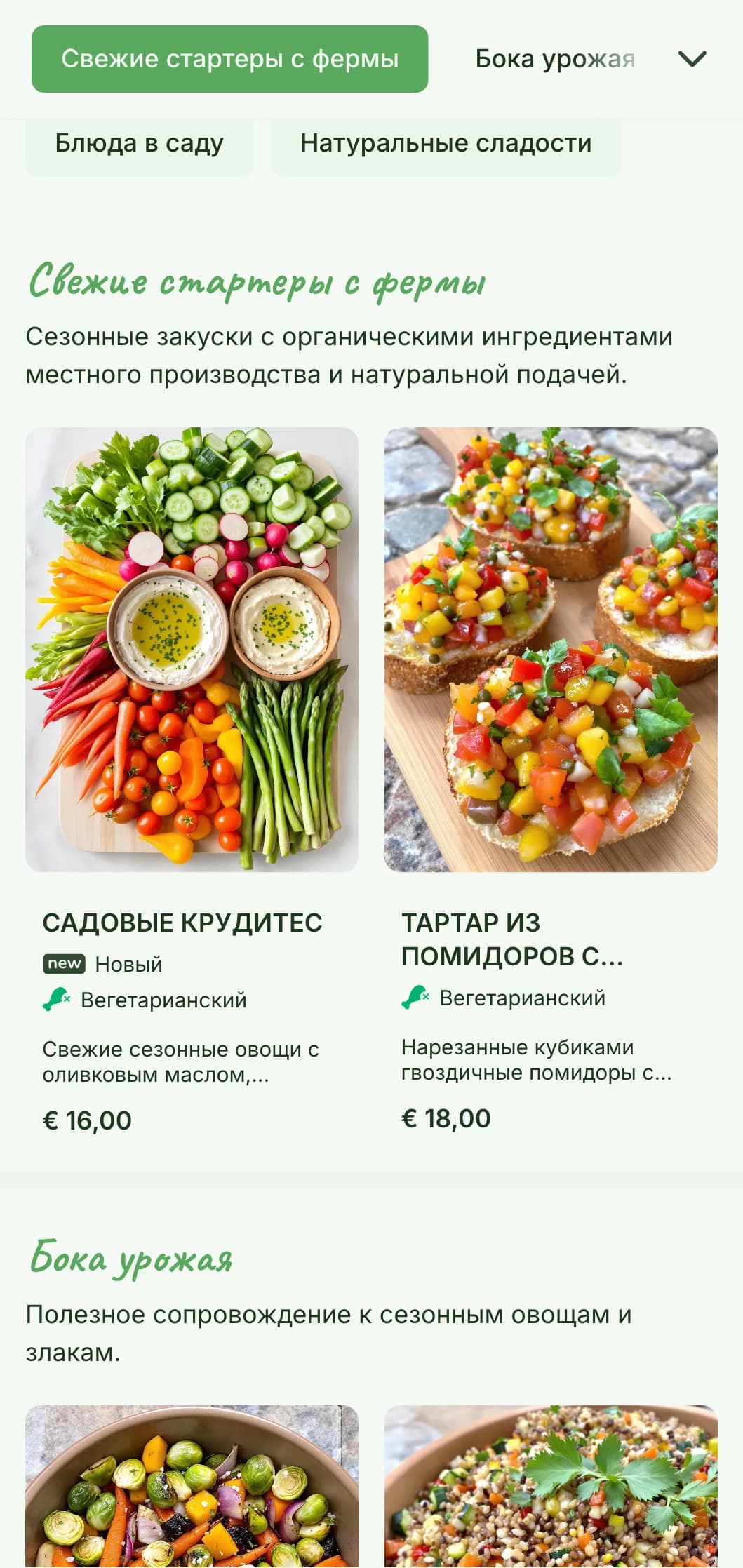 Свежий фермерский кейтеринг, включающий сезонные органические ингредиенты, красиво представленные с использованием природных элементов для вечеринок в саду и мероприятий на открытом воздухе.