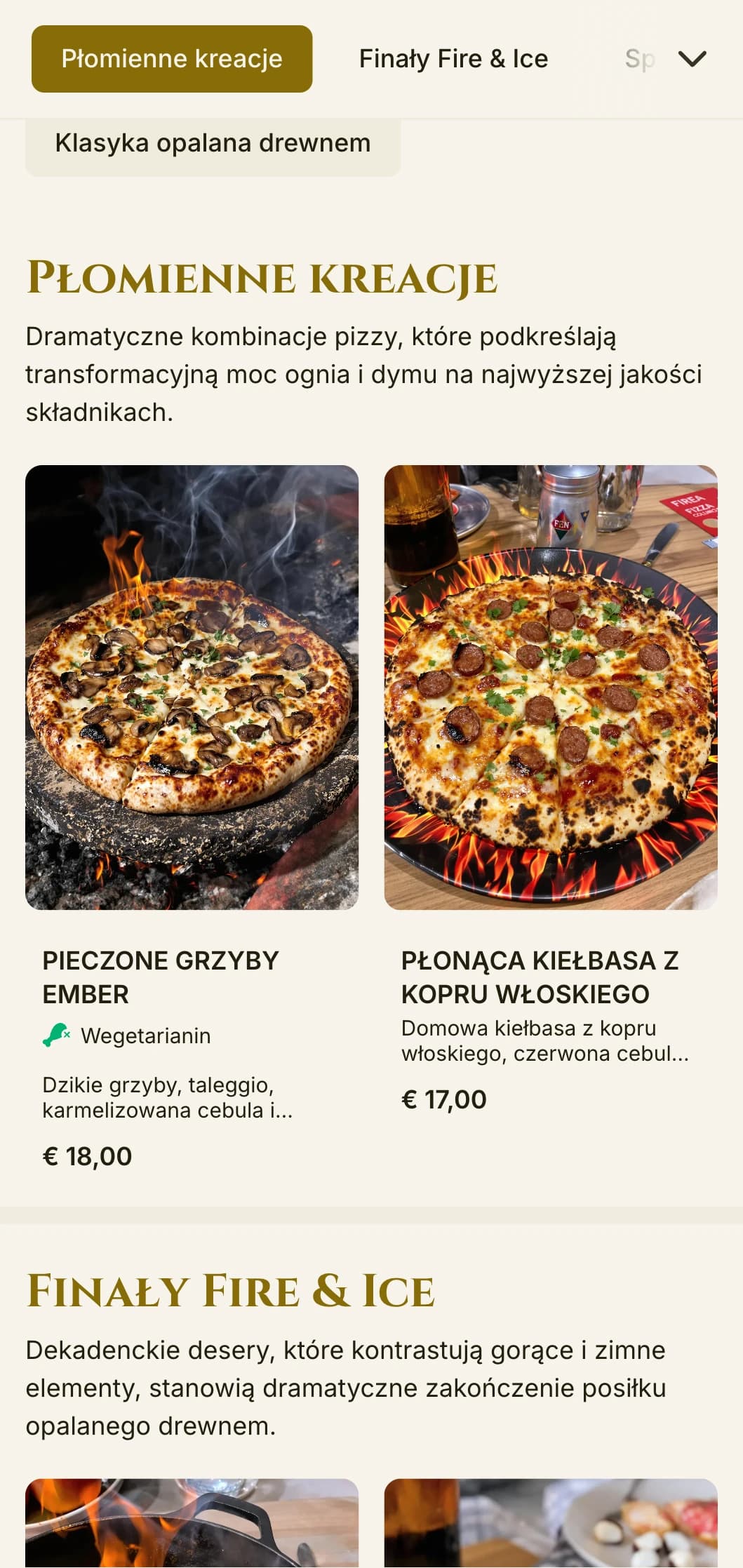 Dramatyczne menu pizzy z bogatą kolorystyką i odważną typografią dla specjalistów opalanych drewnem.