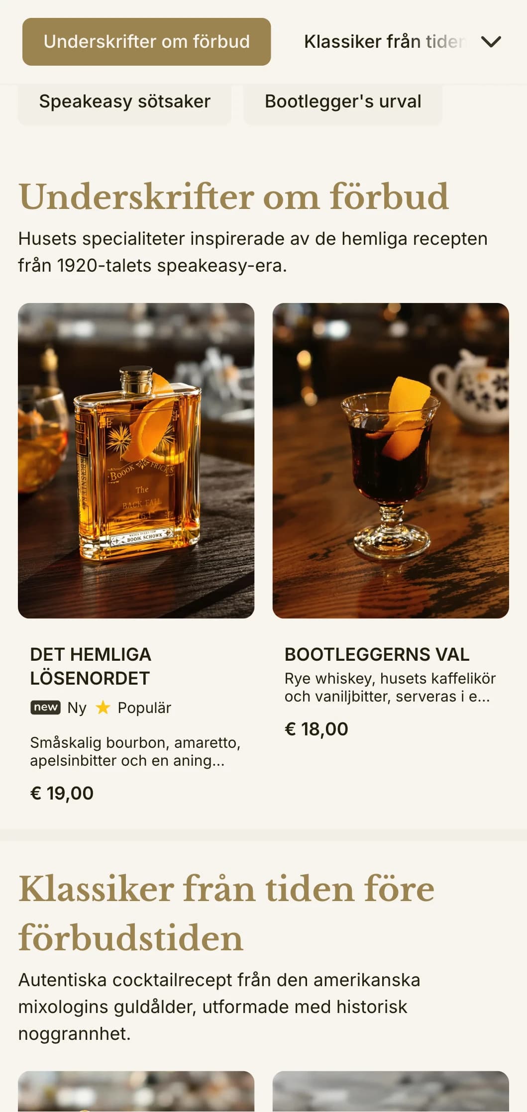 En design inspirerad av förbudstiden för barer med speakeasy-tema, med vintagetypografi och subtila guldaccenter.
