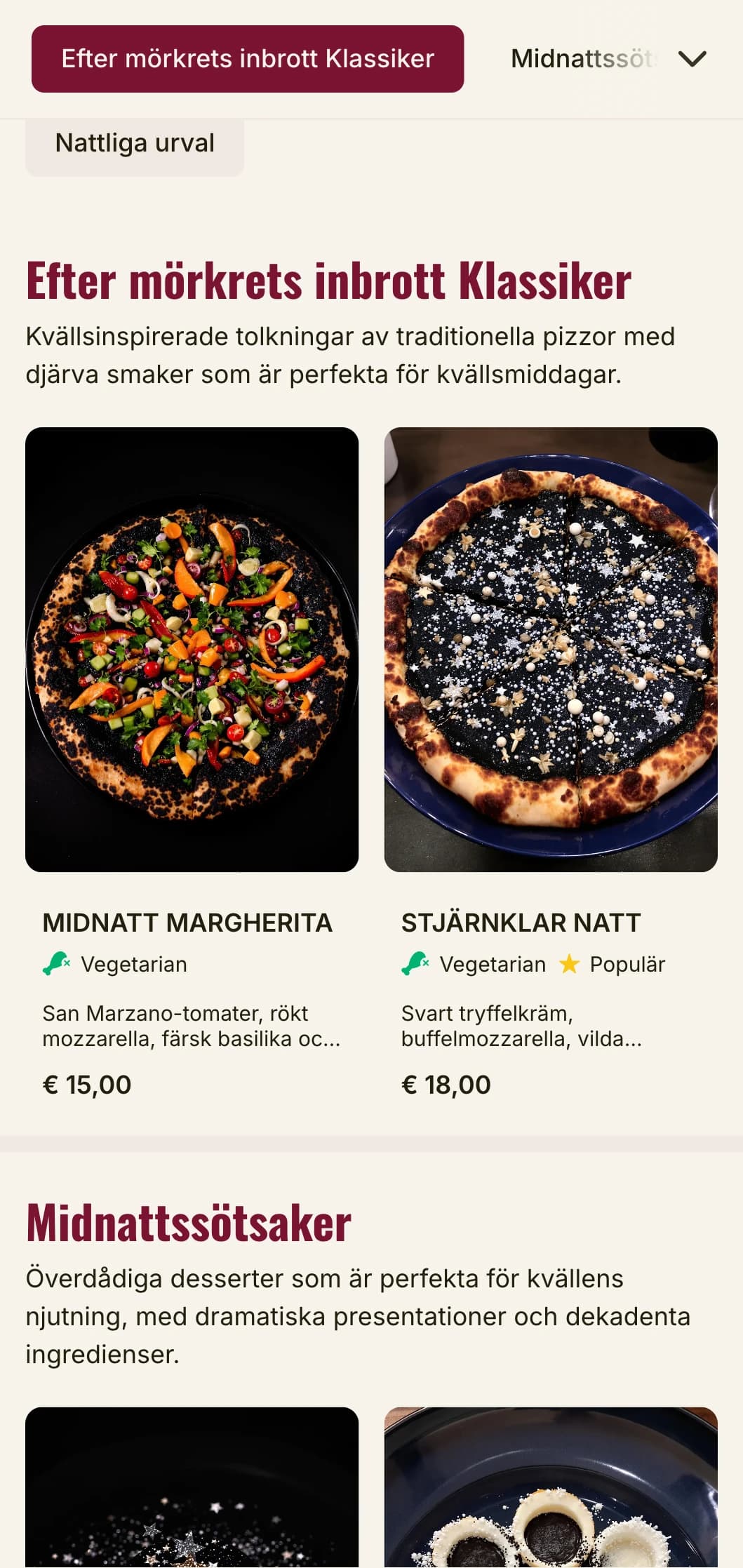Late-night pizzeria meny med mörk, stämningsfull estetik för kvällsupplevelser.