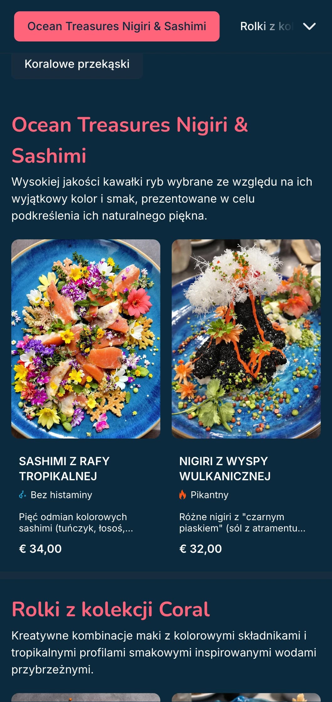 Żywe, inspirowane oceanem menu sushi z koraloworóżowymi akcentami na ciemnoniebieskim tle, idealne dla specjalistów od owoców morza.