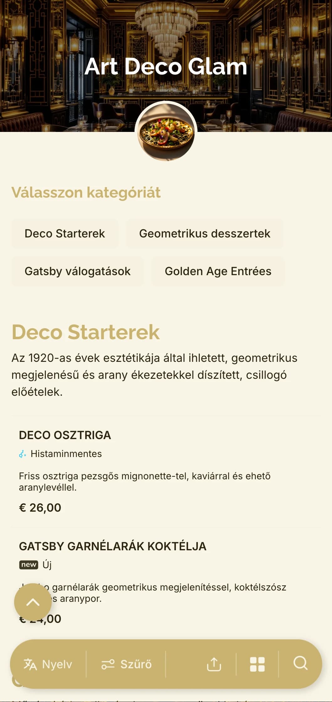 Glamouros, 1920-as évek ihlette design geometrikus mintákkal és aranyszínű ékezetekkel az időtlen, mégis modern étkezési élményért.