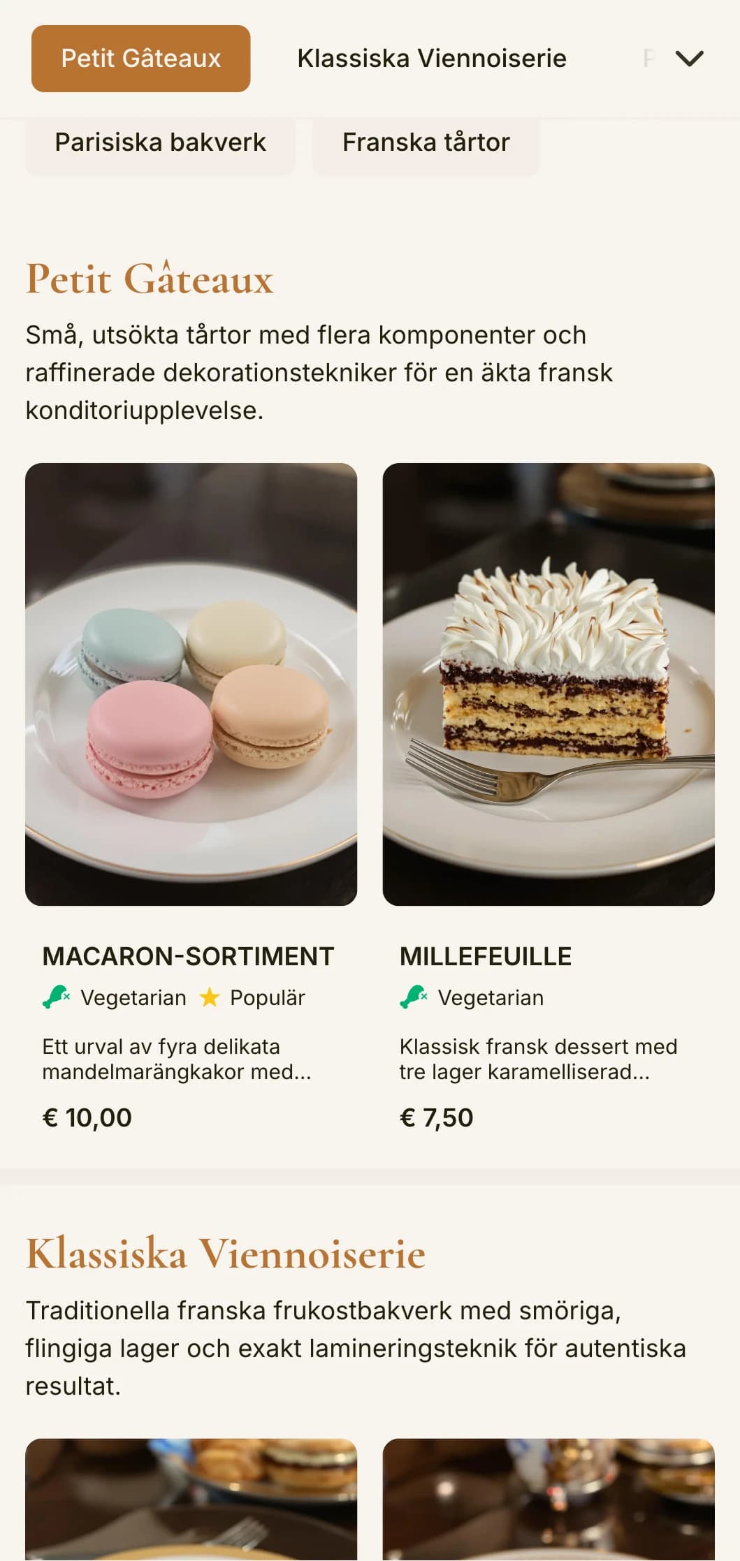 En elegant, franskinspirerad bagerimenydesign med kopparaccenter och sofistikerad typografi, perfekt för franska konditorier och patisserier.