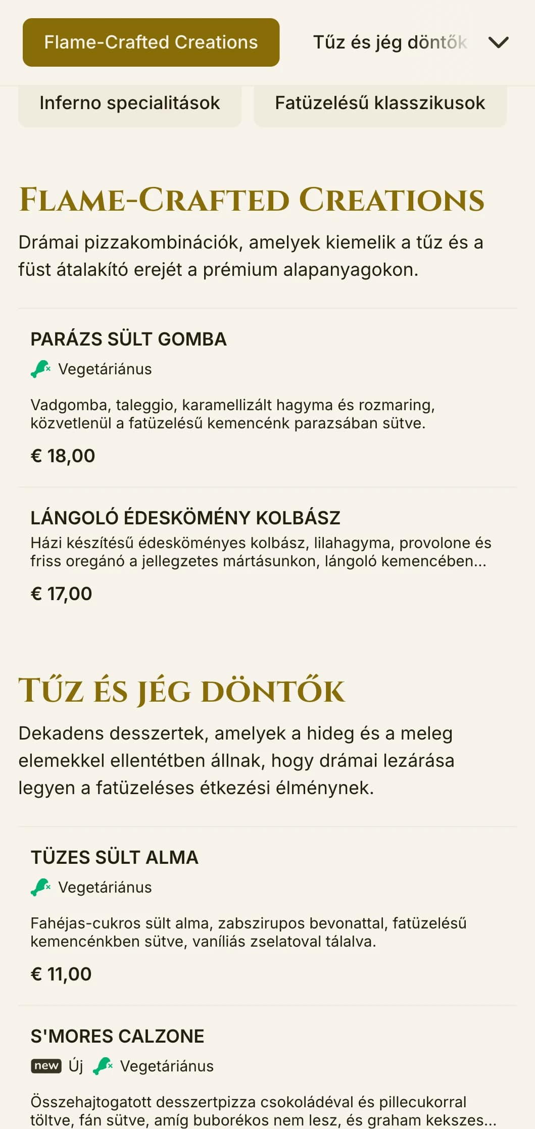 Drámai pizzamenü gazdag színekkel és merész tipográfiával a fatüzelésű szakemberek számára.