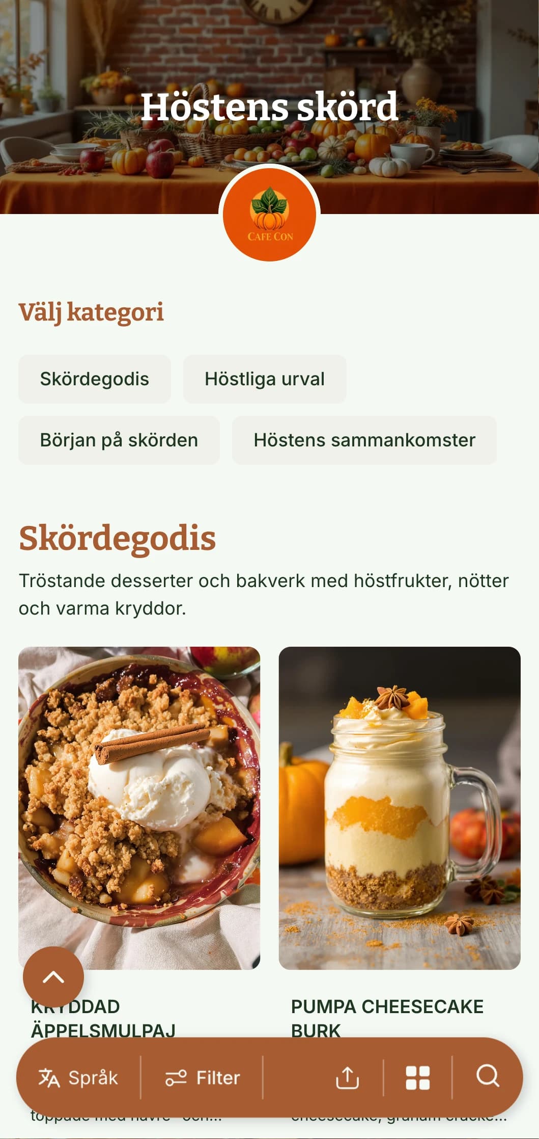 Säsongsbaserad brunchmall med varma höstfärger, perfekt för caféer med skördeinspirerade frukosterbjudanden.