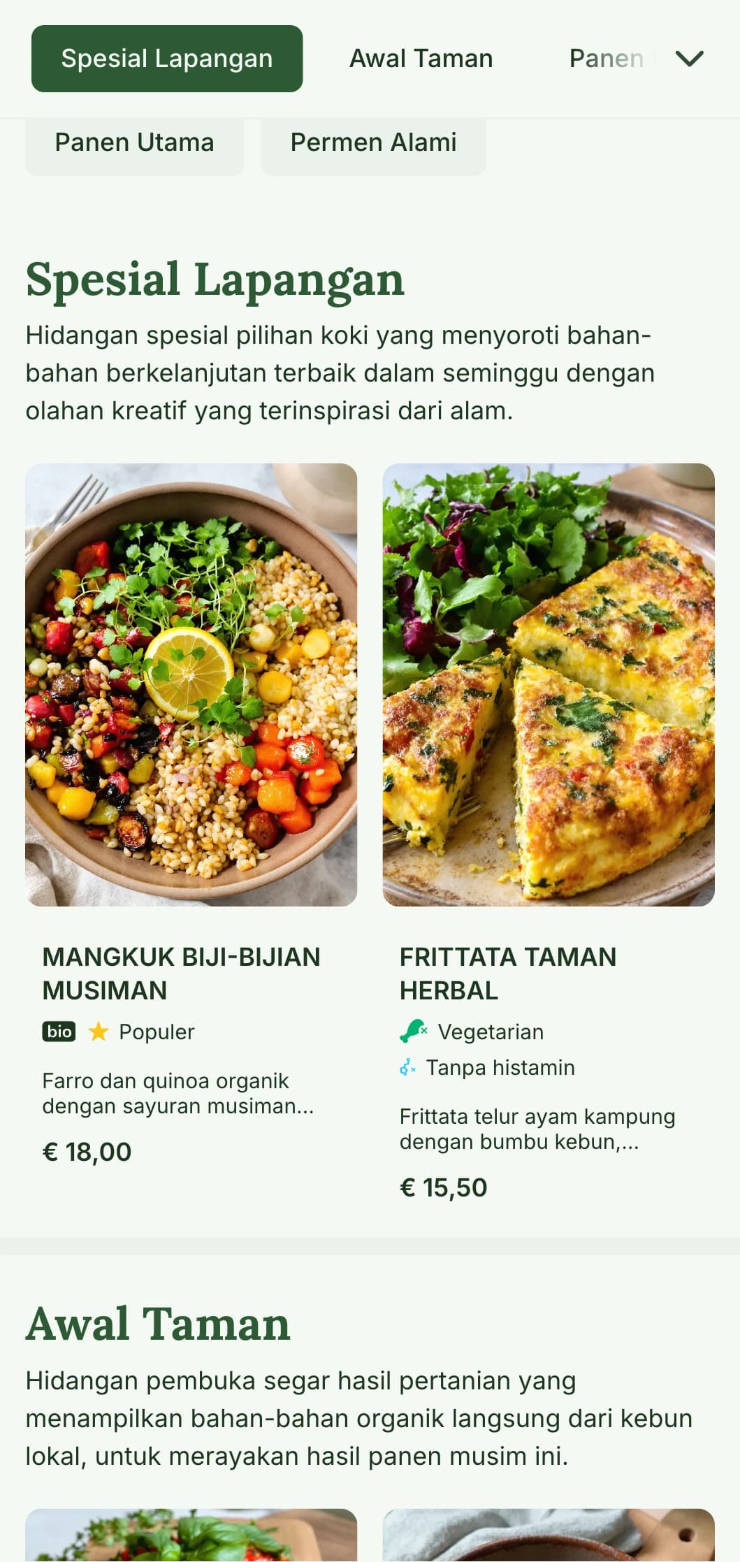 Desain menu makan siang yang segar dan terinspirasi dari alam dengan bahan-bahan musiman dan sajian dari kebun, cocok untuk kafe dan restoran yang berfokus pada hidangan siang organik yang sehat.