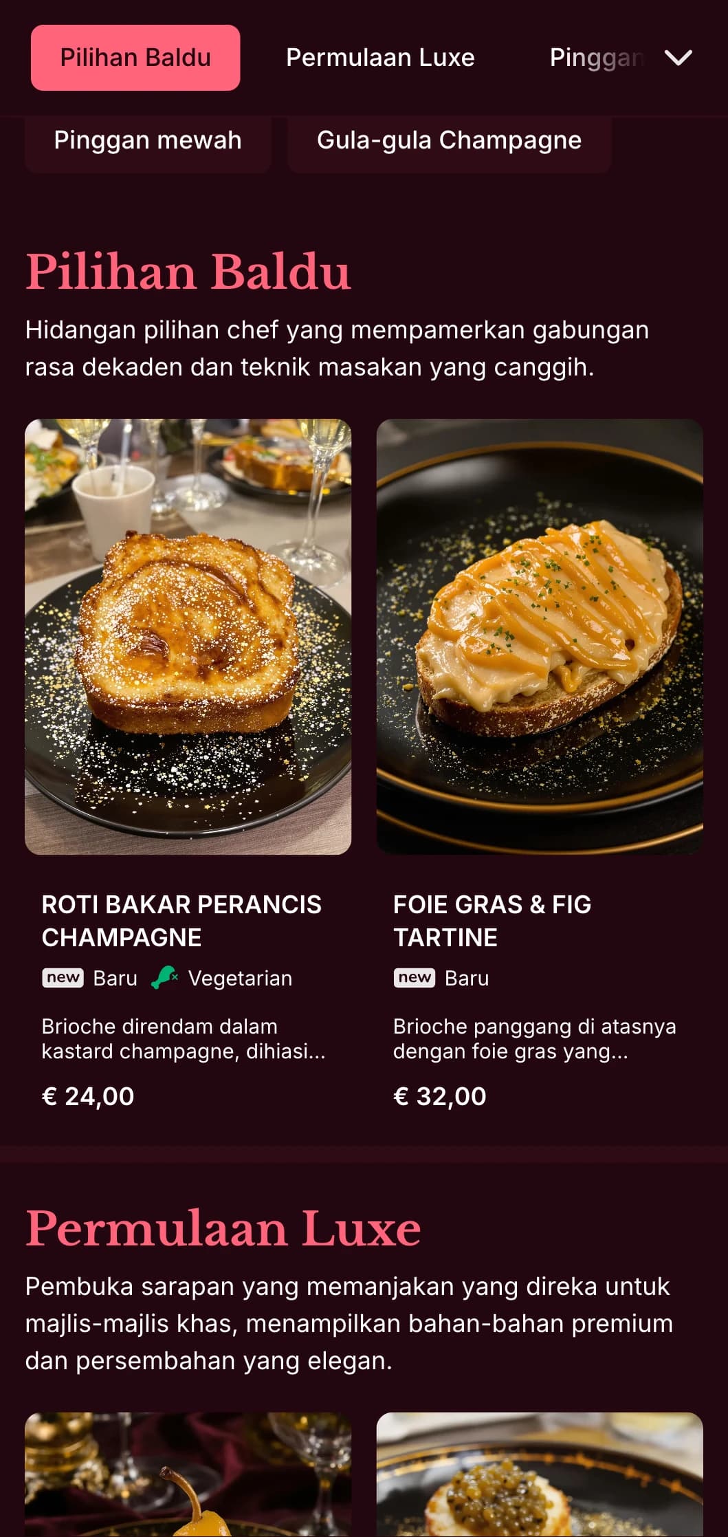 Templat makan tengah hari yang kaya dan mewah dengan warna yang mendalam, direka untuk sarapan tengah hari hujung minggu yang mewah dengan gandingan koktel.