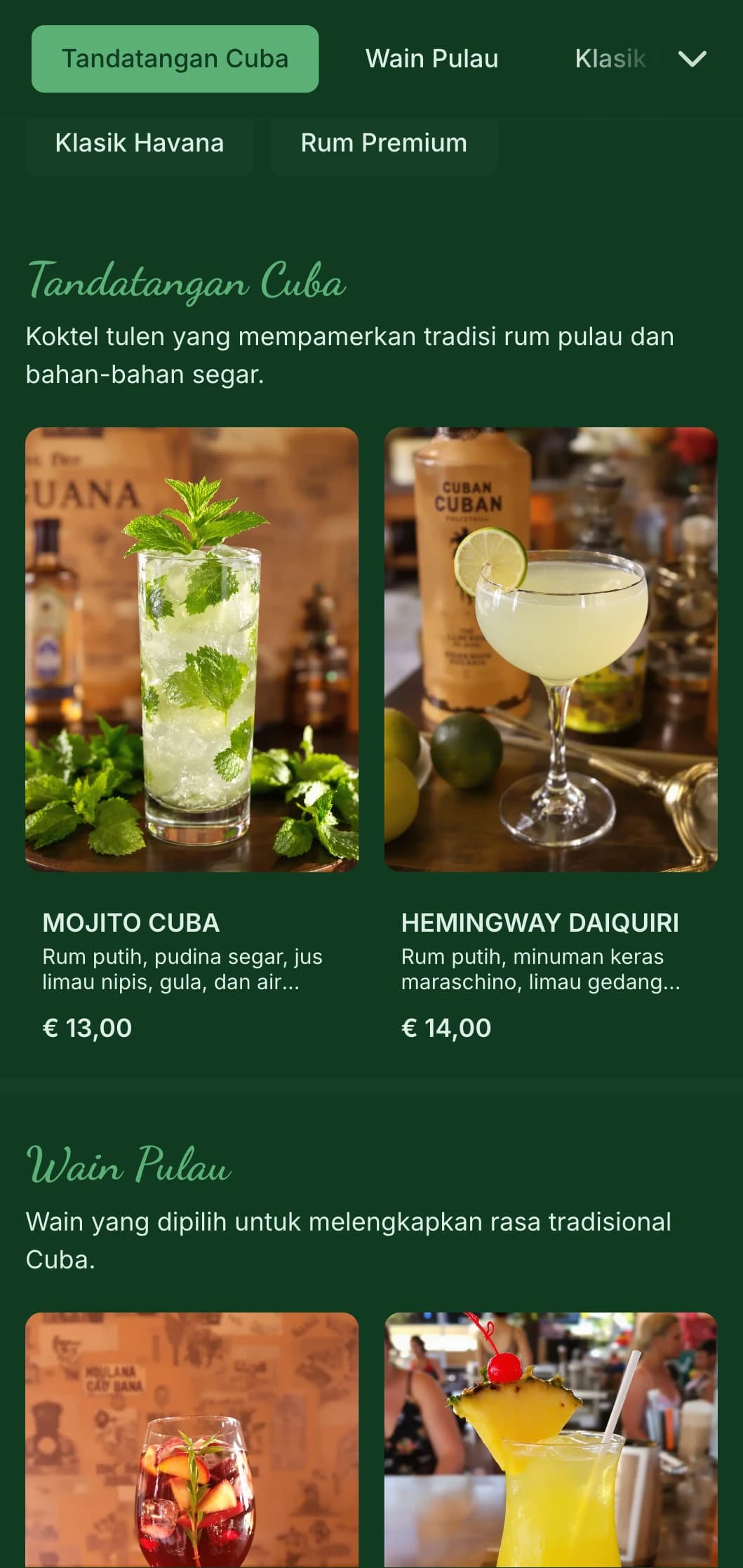 Reka bentuk hijau tropika dengan unsur vintaj untuk bar rum berinspirasikan Cuba.