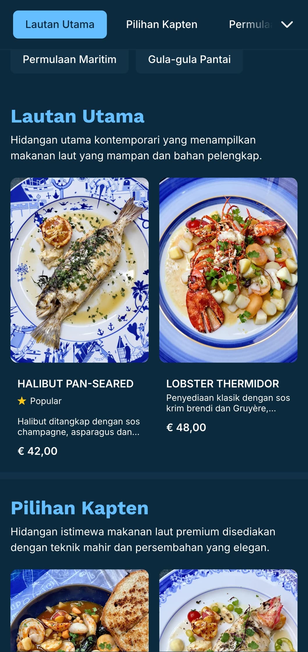 Menu makan malam yang segar dan berwarna biru dengan pengaruh nautika, sesuai untuk restoran makanan laut kelas atas.