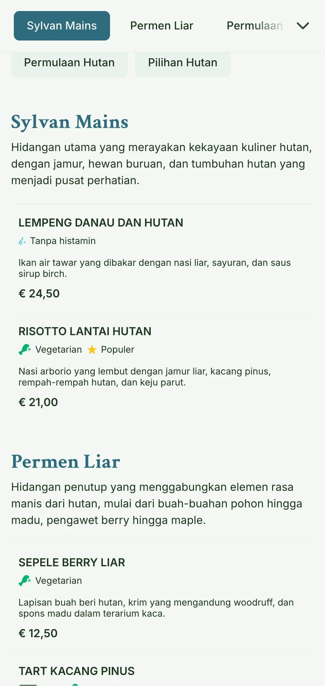 Desain menu makan siang yang tenang dan terinspirasi dari hutan dengan tekstur organik dan warna tanah, cocok untuk restoran yang berada di dekat lingkungan alam dan taman.