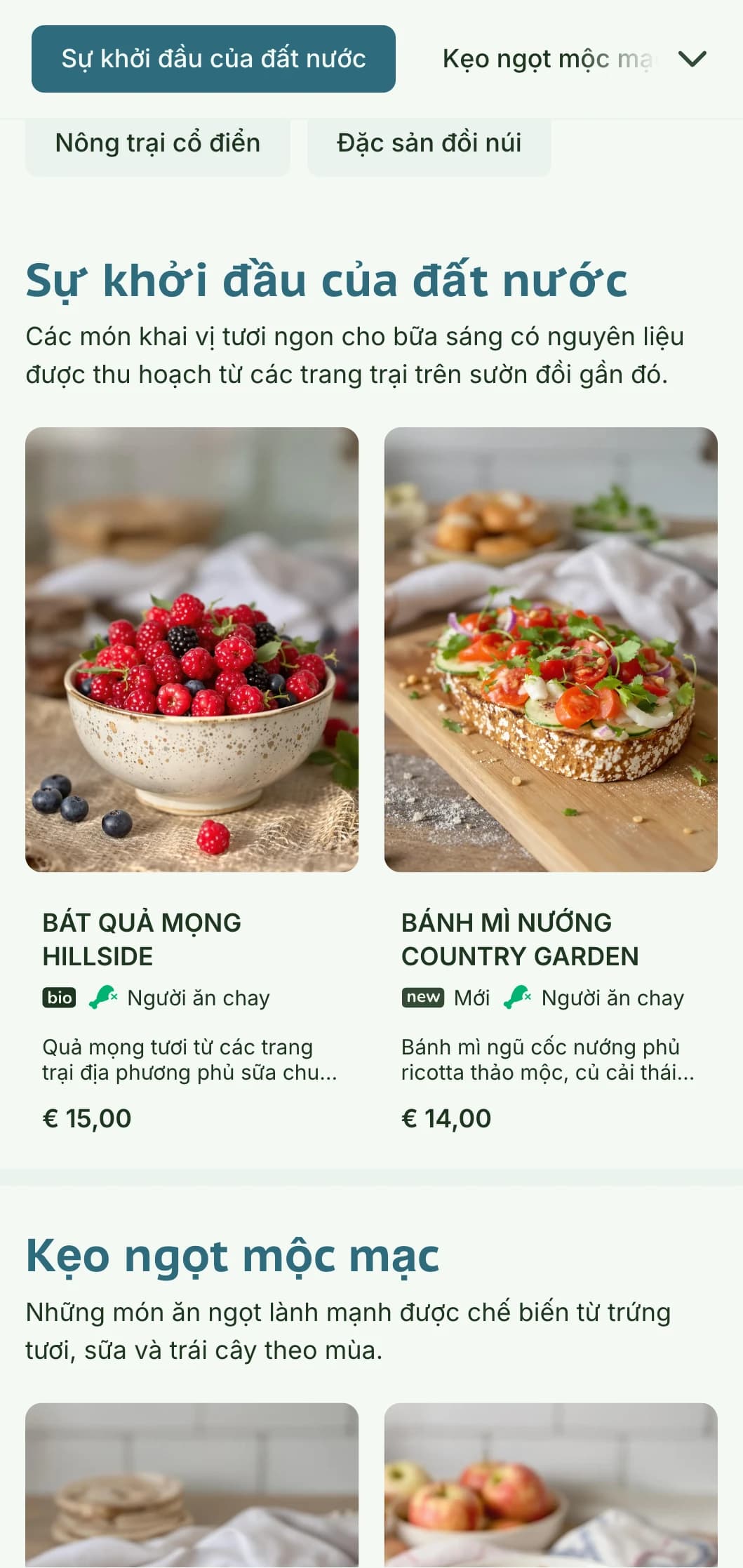 Bữa sáng bổ dưỡng với các nguyên liệu tươi ngon của vùng quê được trình bày tươi sáng, tự nhiên với nét quyến rũ mộc mạc.