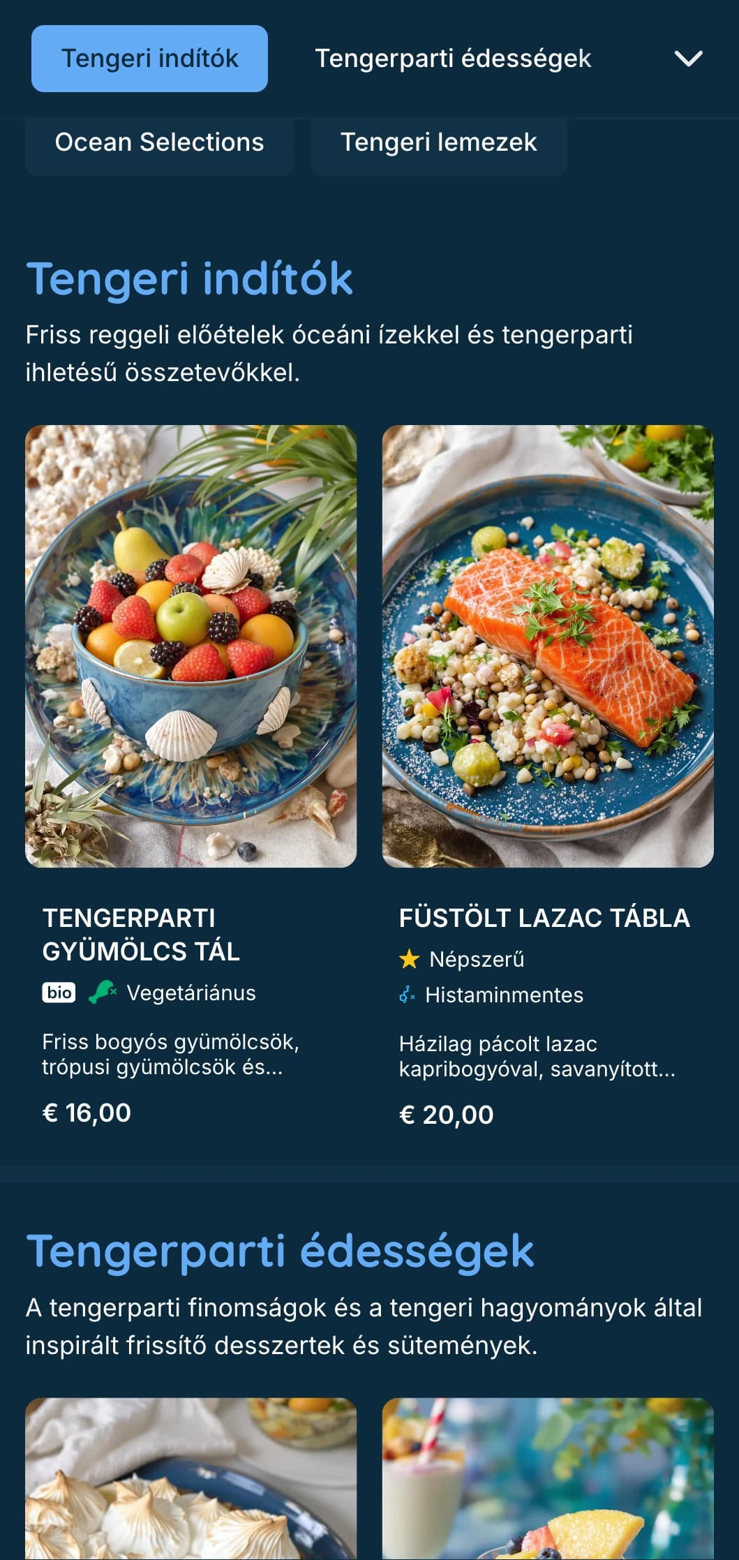 Friss, tengeri brunch sablon mélykék tónusokkal, ideális tengeri herkentyűs brunchokhoz és tengerparti létesítményekhez.