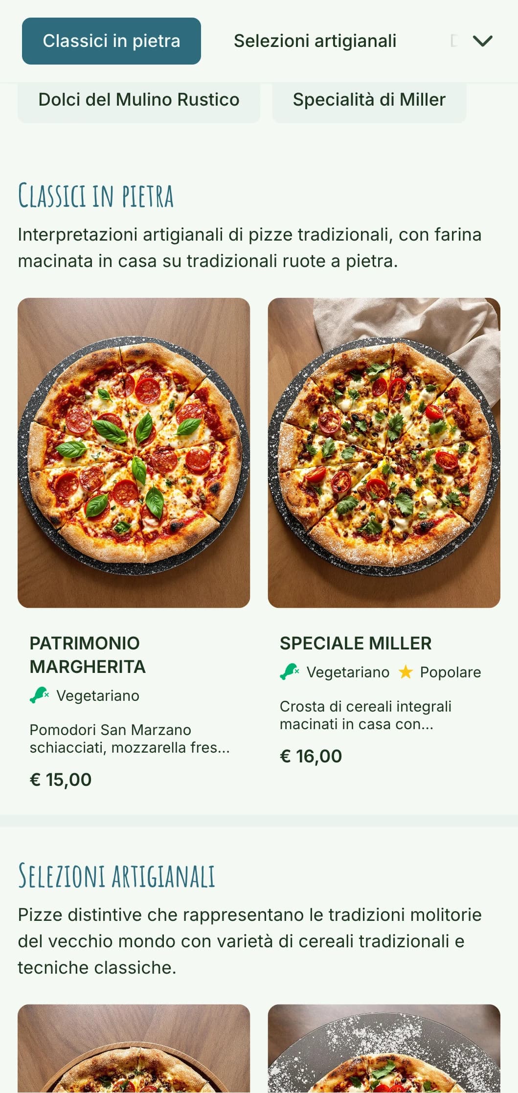Menù di pizza rustica con farina macinata a pietra, con elementi artigianali ed estetica naturale.