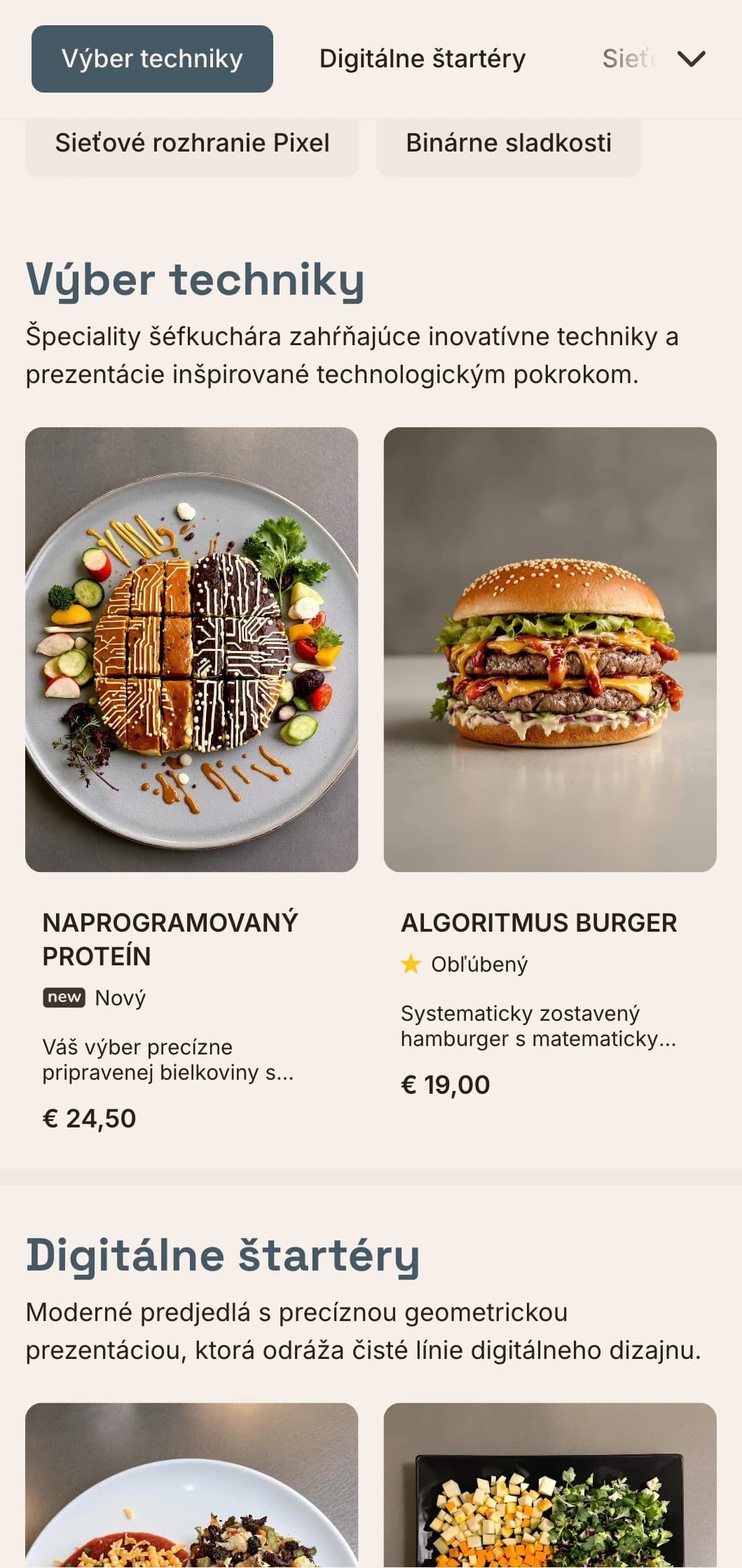 Digitálne inšpirovaný dizajn obedového menu s technologickou estetikou a presným rozložením mriežky, ideálny pre reštaurácie v inovačných štvrtiach a v blízkosti technologických spoločností.