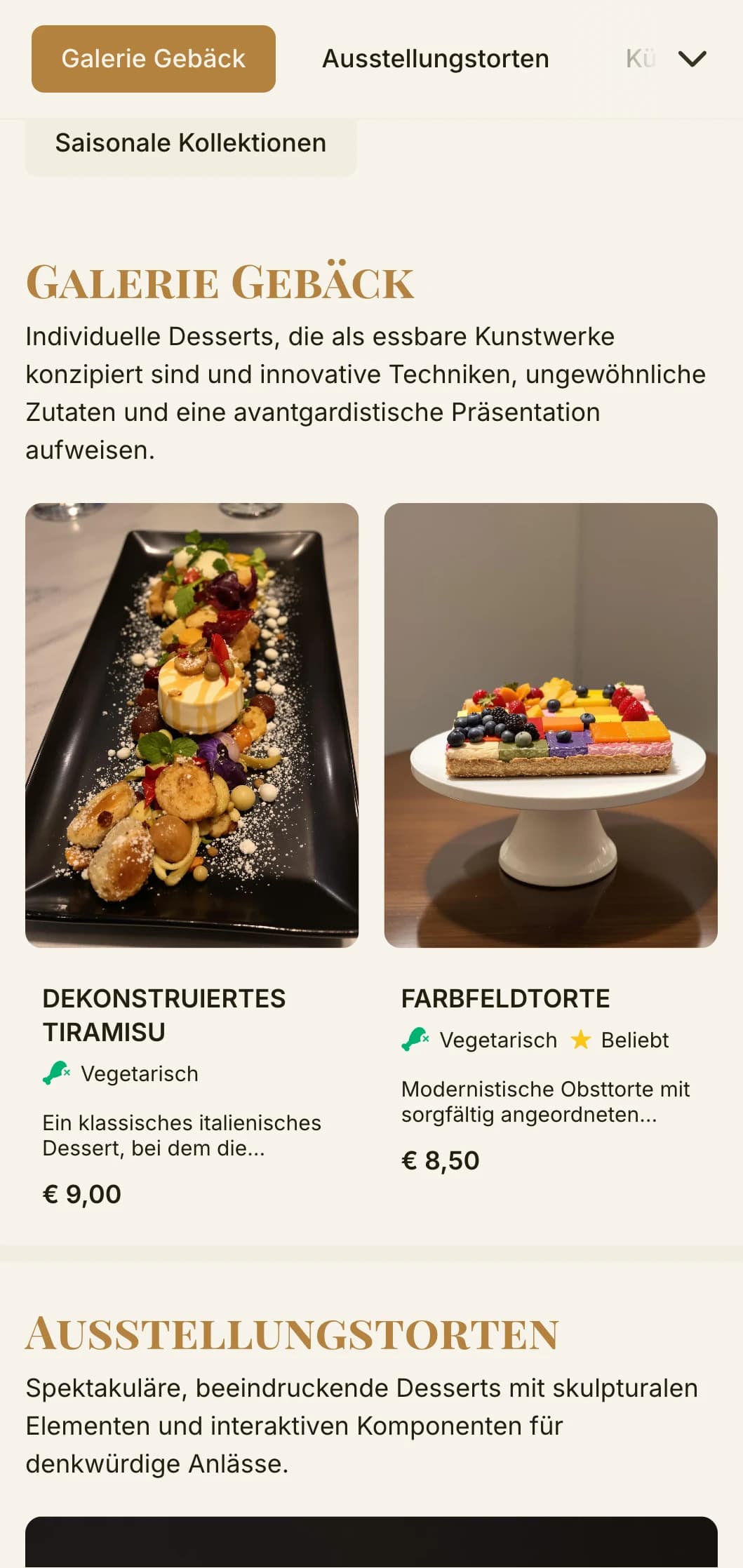 Ein kunstvolles, von einer Galerie inspiriertes Design für die Speisekarte einer Bäckerei mit warmen Goldtönen und anspruchsvoller Typografie, ideal für Dessert-Boutiquen und künstlerische Konditoreien.