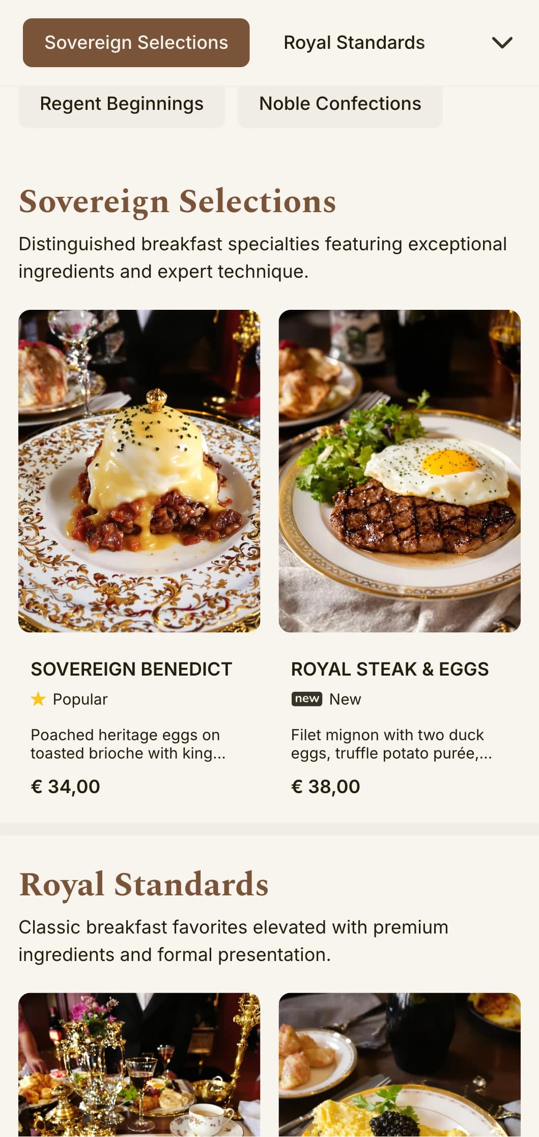 Sophisticated morning fare inspired by luxury hotel dining, presented with elegant formality and premium ingredients.