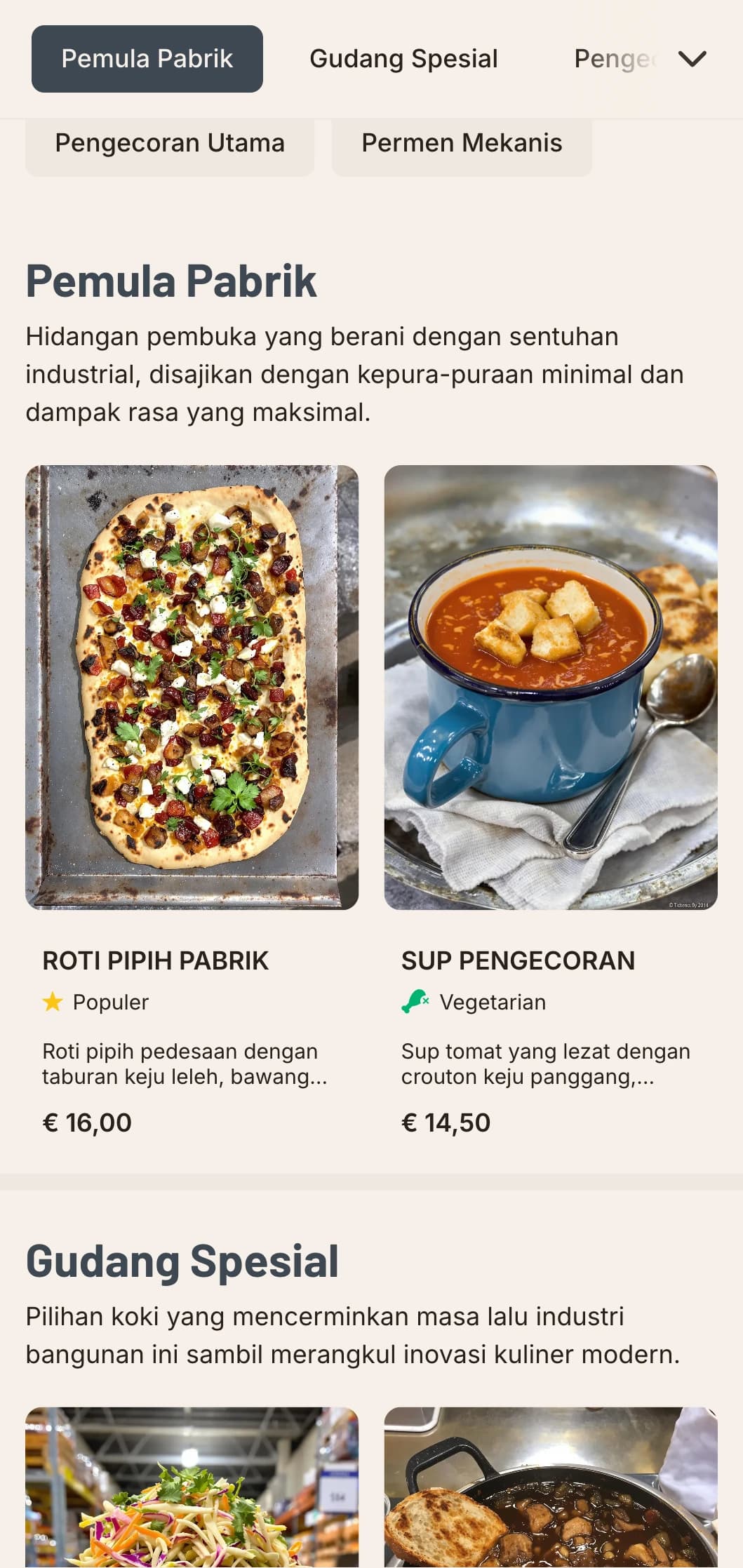 Desain menu makan siang urban yang mentah dengan estetika industri dan tipografi yang berani, cocok untuk restoran gudang yang dikonversi dan tempat makan bergaya urban.