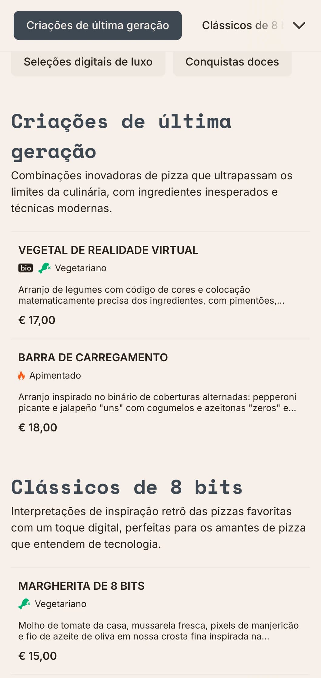 Cardápio de pizza moderno inspirado em tecnologia com estética digital para conceitos inovadores de pizza.