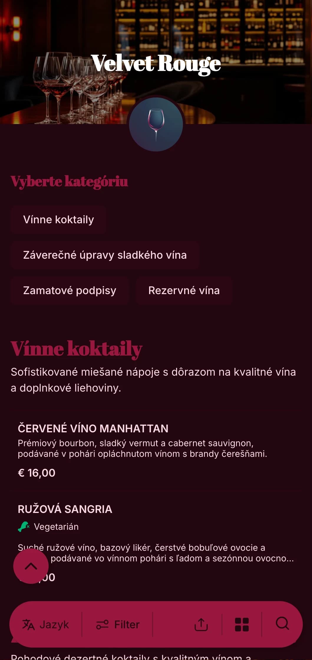 Luxusný, dramatický dizajn pre luxusné vinárne a salóniky s bohatými červenými tónmi a výraznou typografiou.