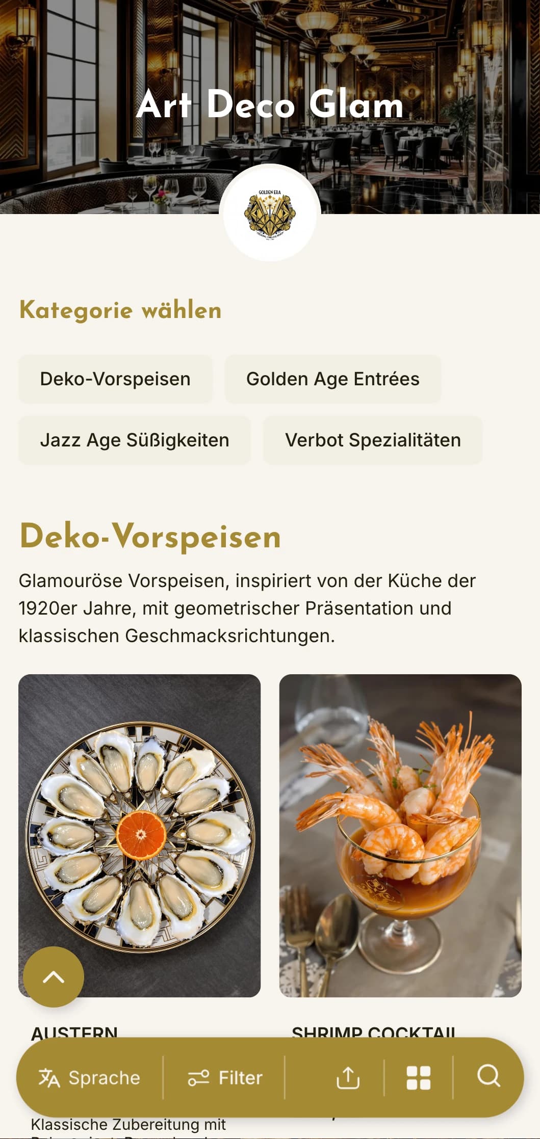 Ein glamouröses Dinner-Menü im Stil der 1920er Jahre mit geometrischen Mustern und metallischen Akzenten, ideal für Einrichtungen mit Vintage-Flair.
