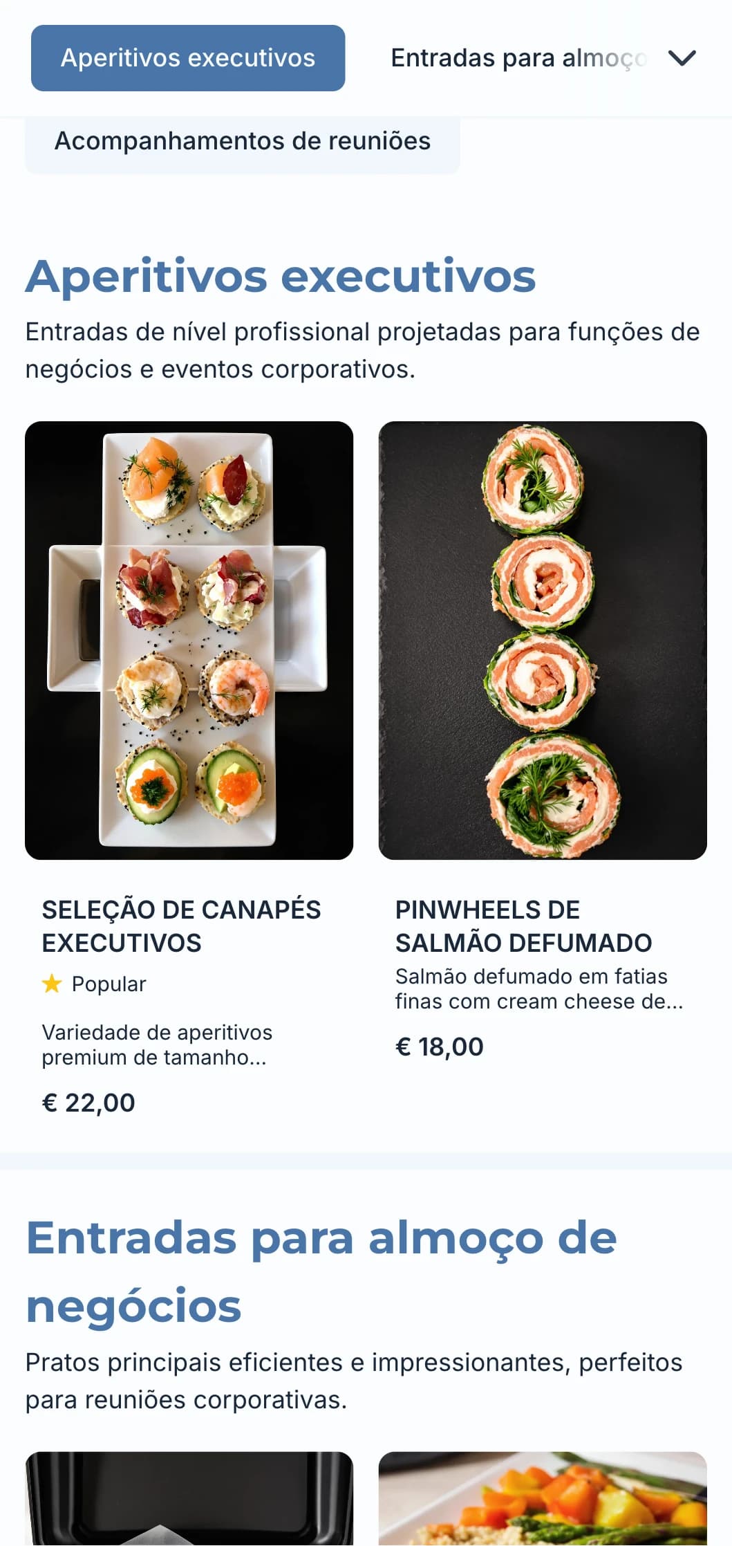 Serviço de bufê profissional projetado para reuniões de negócios e eventos corporativos, com foco em serviço eficiente e apresentação de qualidade.